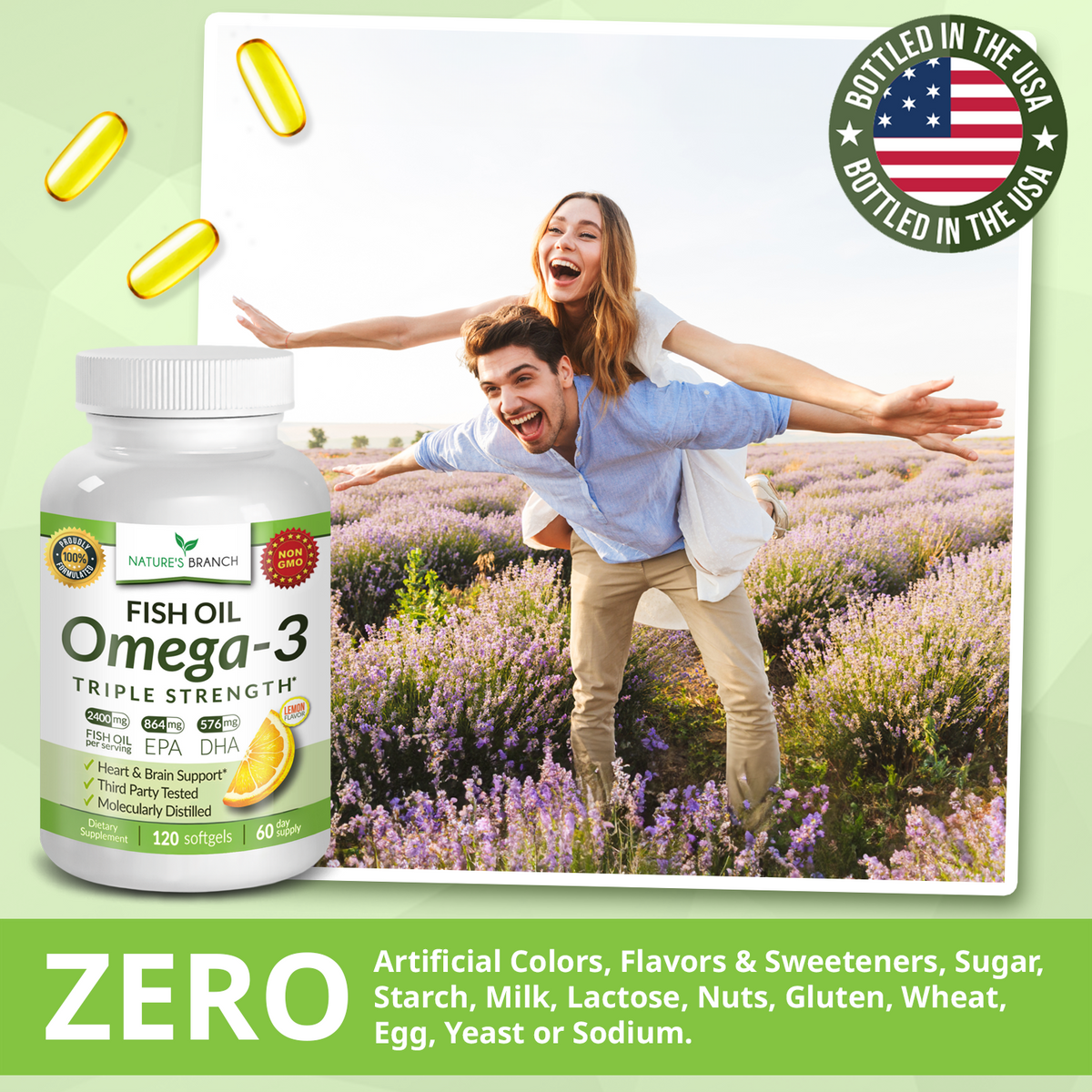 Fish oil supplement bottle with a couple in a field on a green background