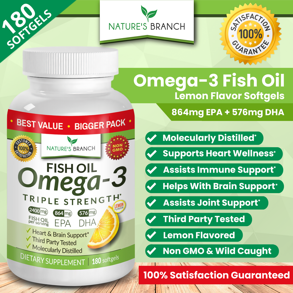 Nature&#39;s Branch Omega 3 Fish Oil bottle with benefits showing lemon flavor and brain health