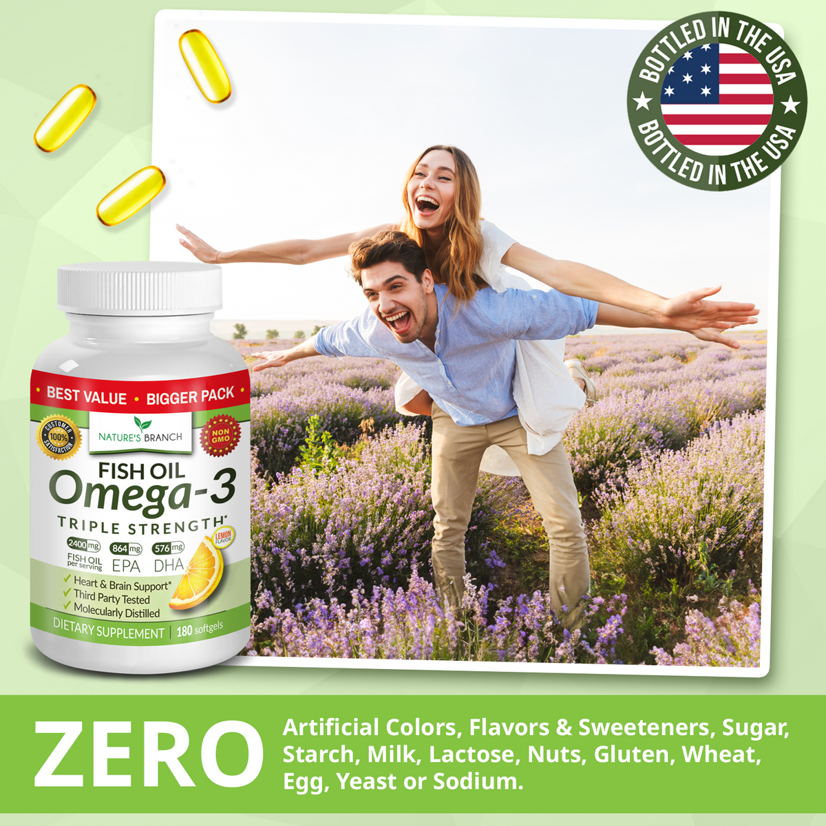 man giving a woman a piggyback and smiling with Nature&#39;s Branch Omega 2 Fish Oil