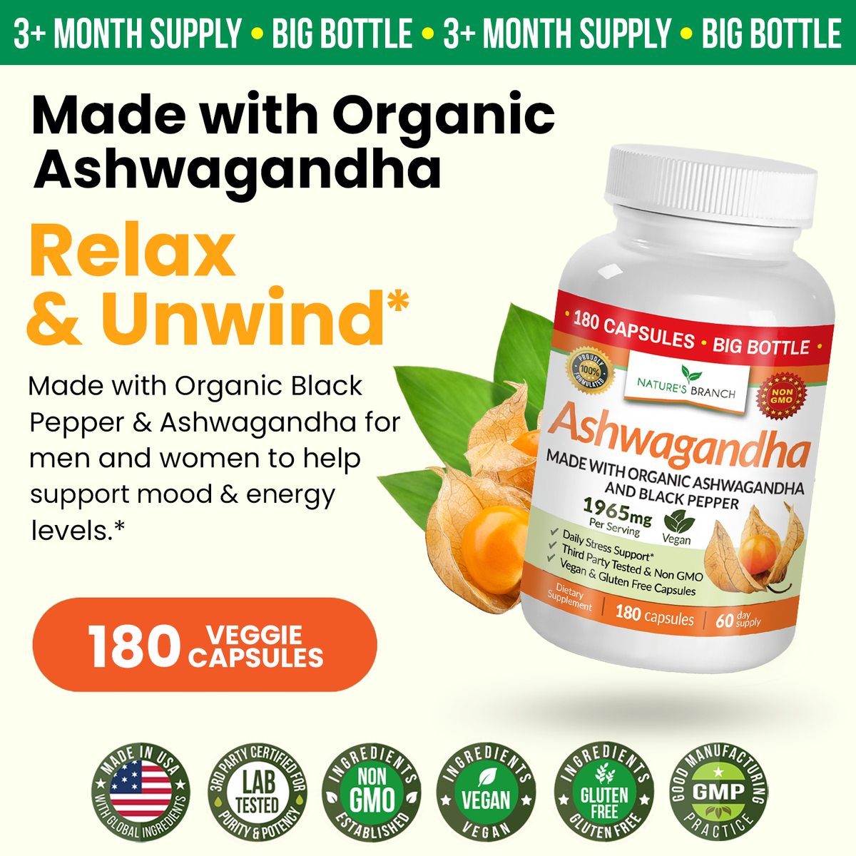 Natures Branch Ashwagandha supplement bottle with text highlighting benefits and features.