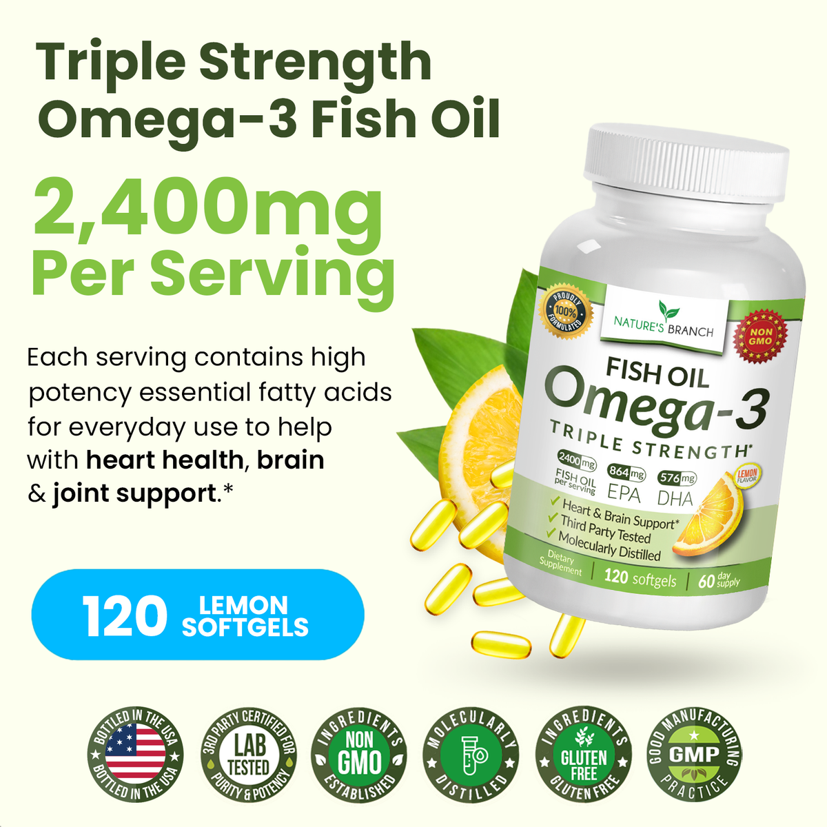 Nature&#39;s Branch Omega 3 Fish Oil bottle with capsules and a green leaf