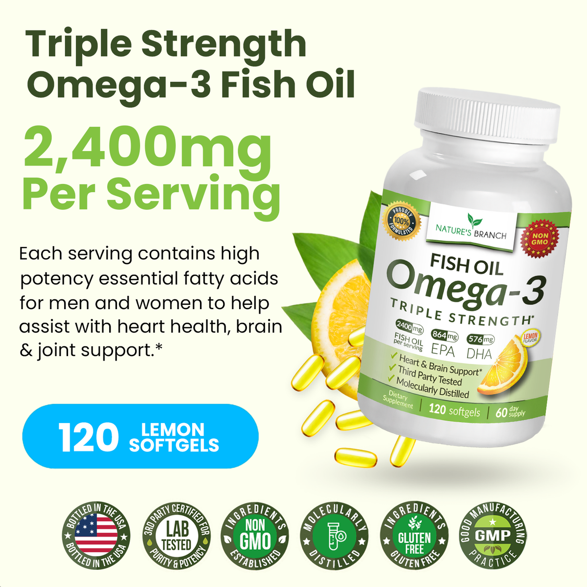 Triple Strength Omega-3 Fish Oil supplement bottle with lemon flavor on a white background