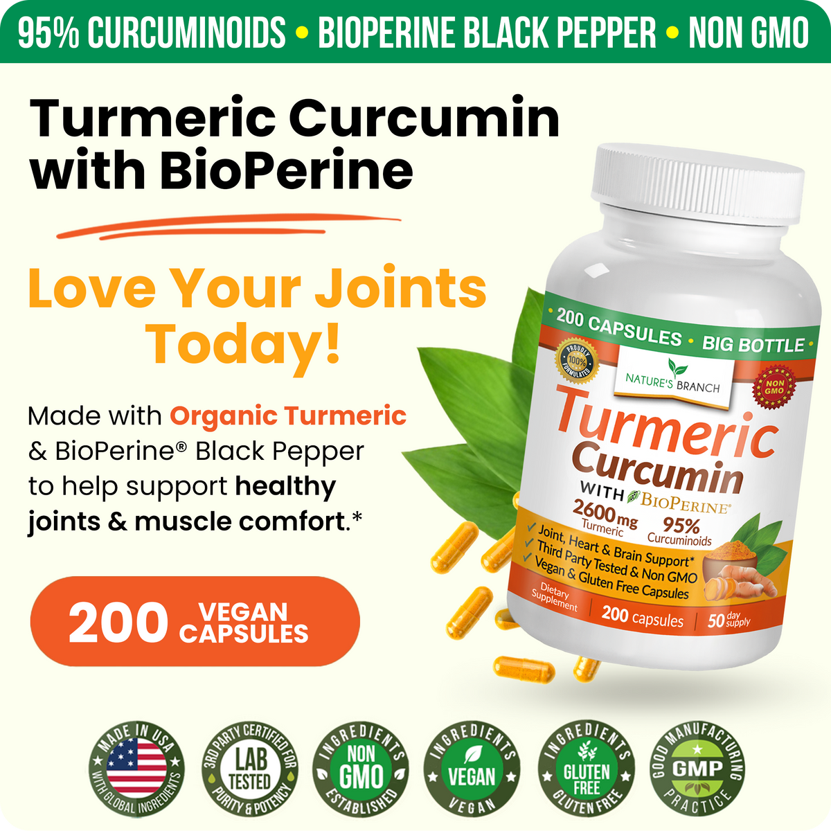 Turmeric Curcumin supplement bottle with promotional text on a white background