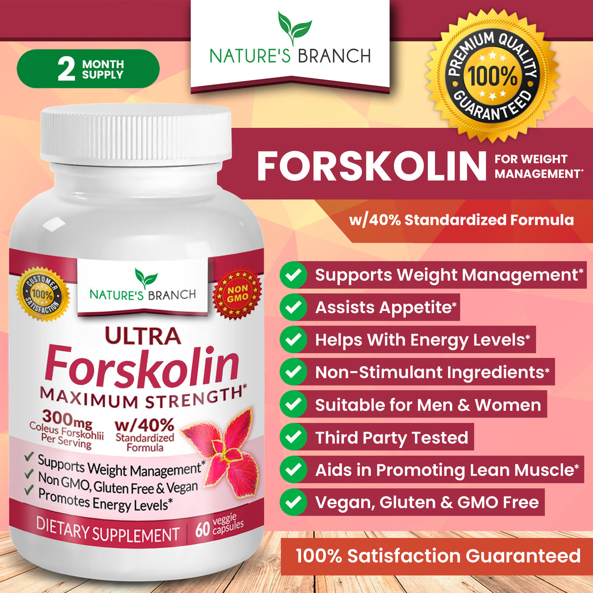 Nature&#39;s Branch forskoling bottle with bullet points showing the benefits