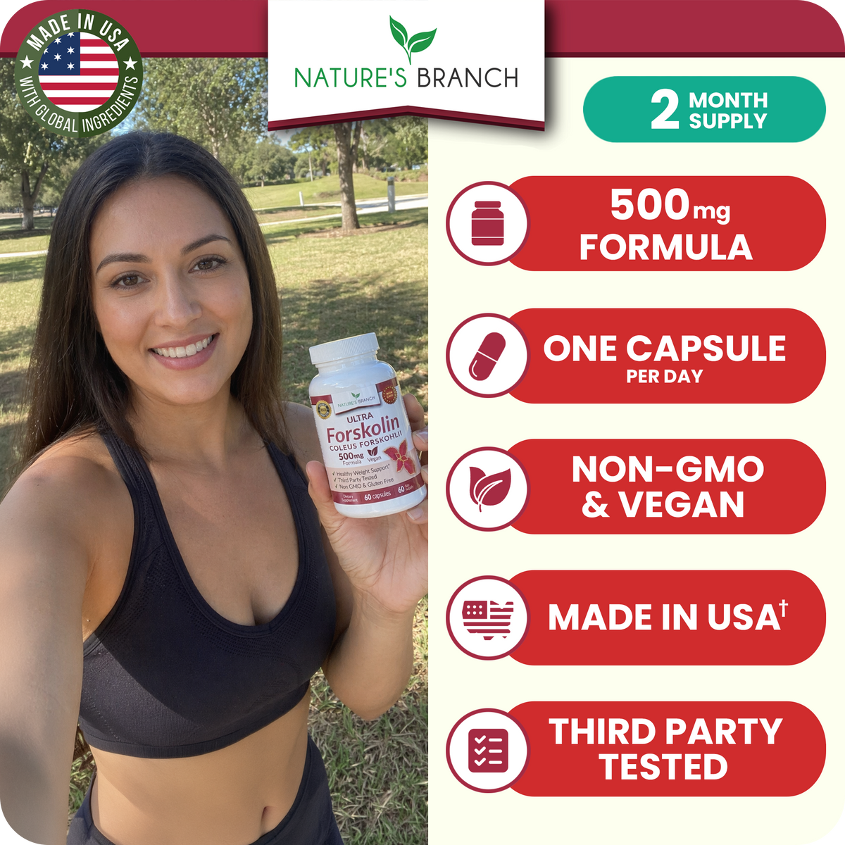Woman holding Nature's Branch Forskolin bottle with benefits