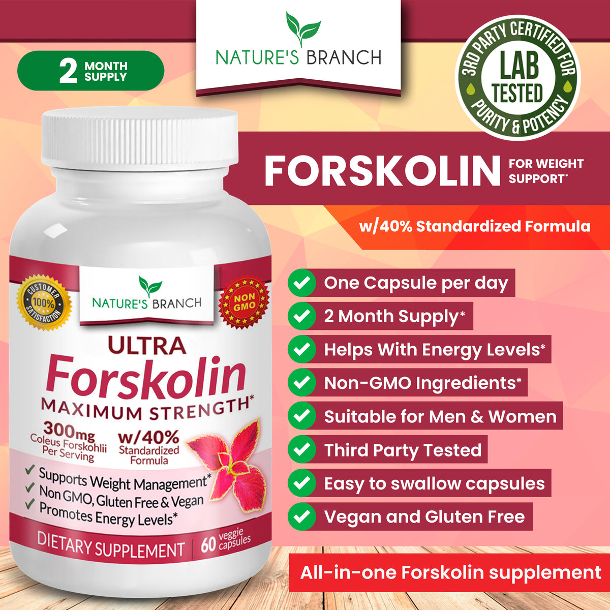 Nature's Branch Ultra Forskolin supplement bottle with product details on a pink background