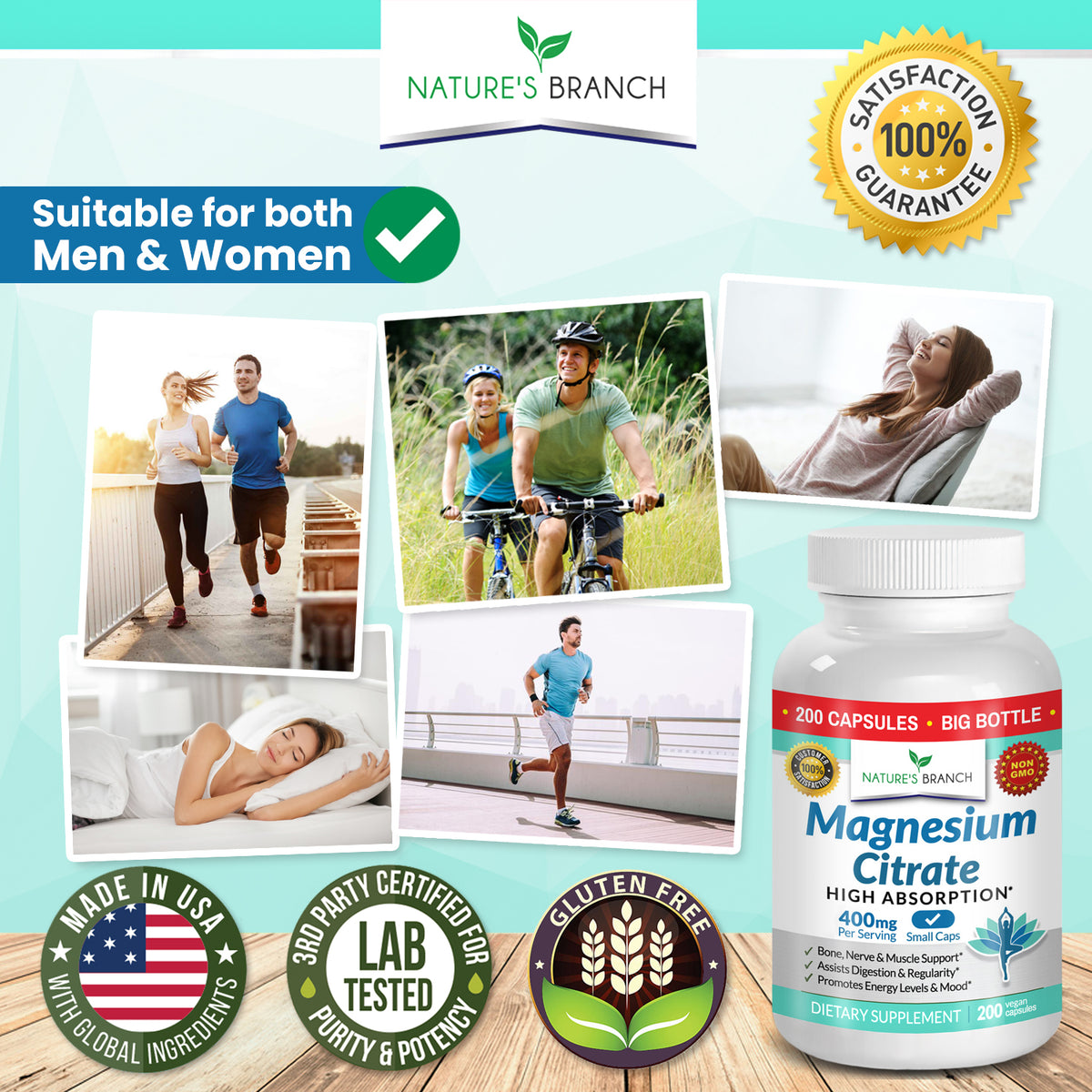 Men and women exercising relaxing and sleeping after taking Nature&#39;s Branch Magnesium Citrate 400mg supplement