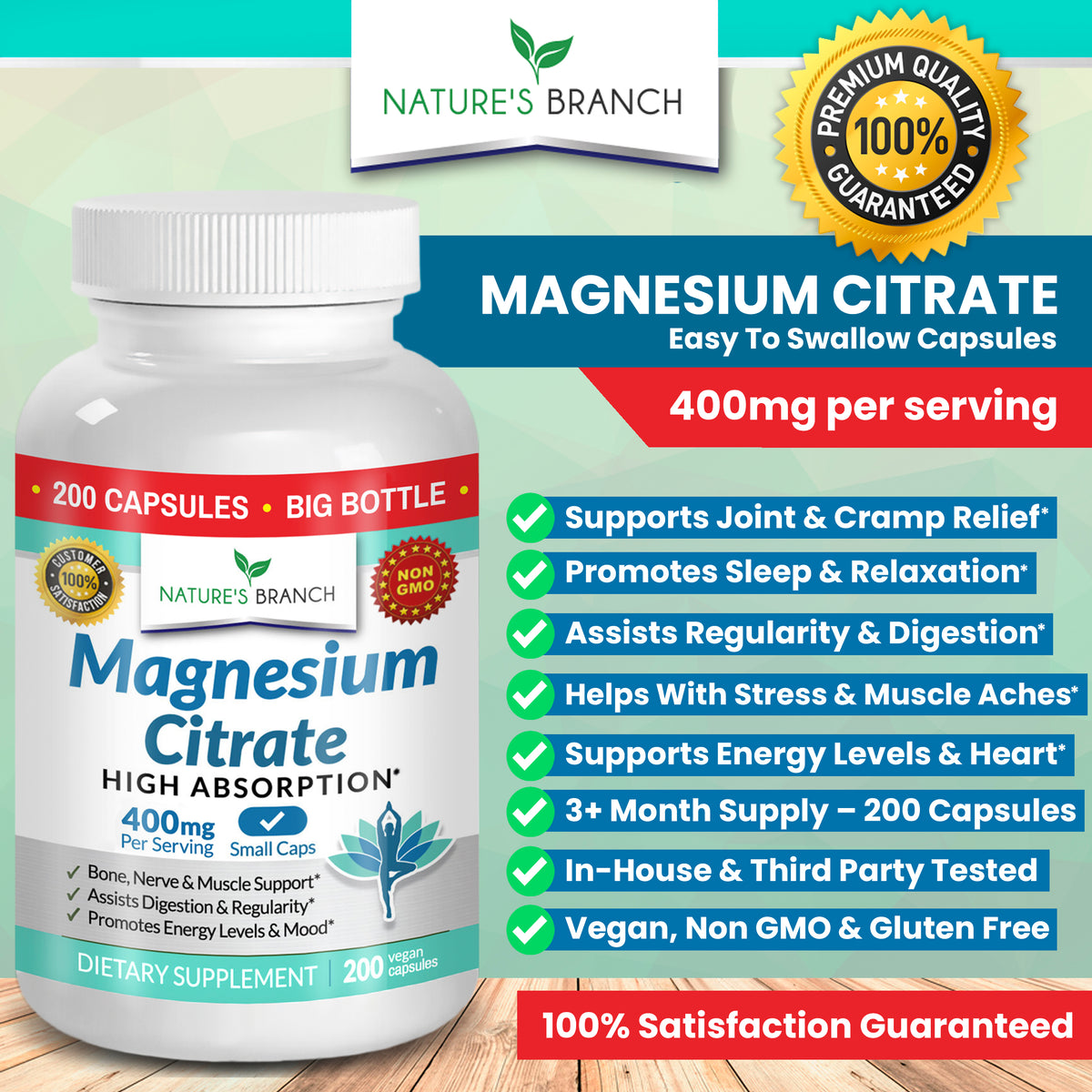 A bottle of Nature&#39;s Branch Magnesium Citrate along with benefit bullet points