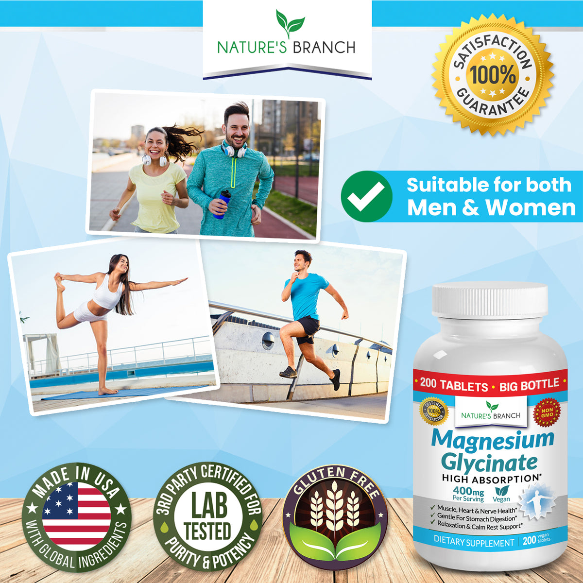 Nature&#39;s Branch Magnesium Glycinate 400mg bottle with men and women exercising