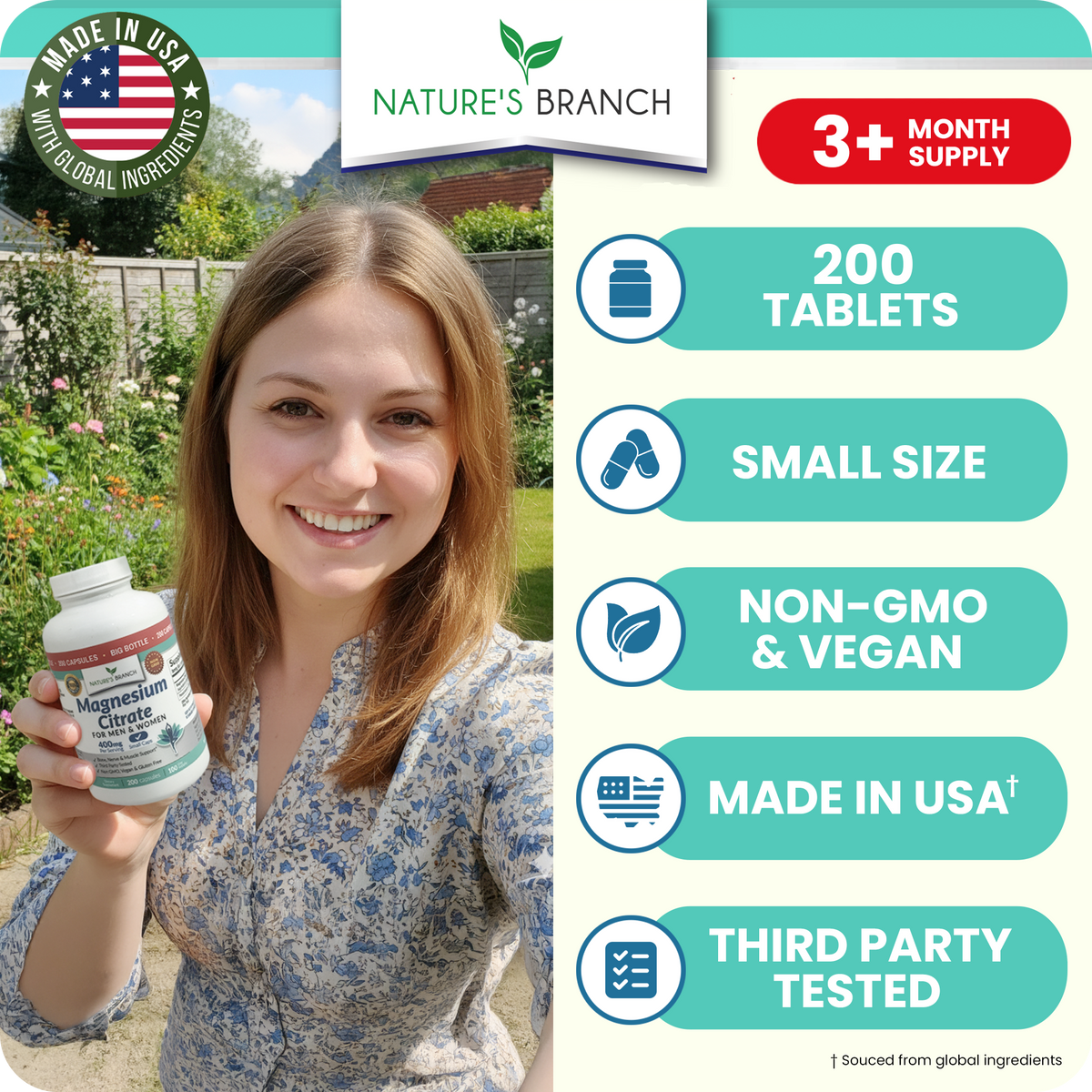 Woman holding a supplement bottle with Nature's Branch product details on the right