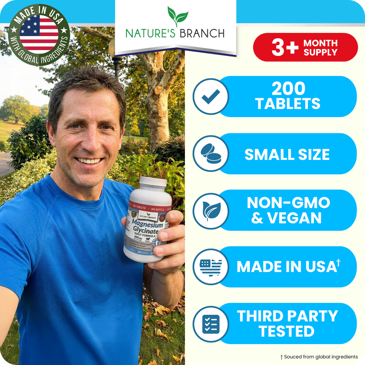 Man holding a supplement bottle with Nature's Branch branding and product features listed.