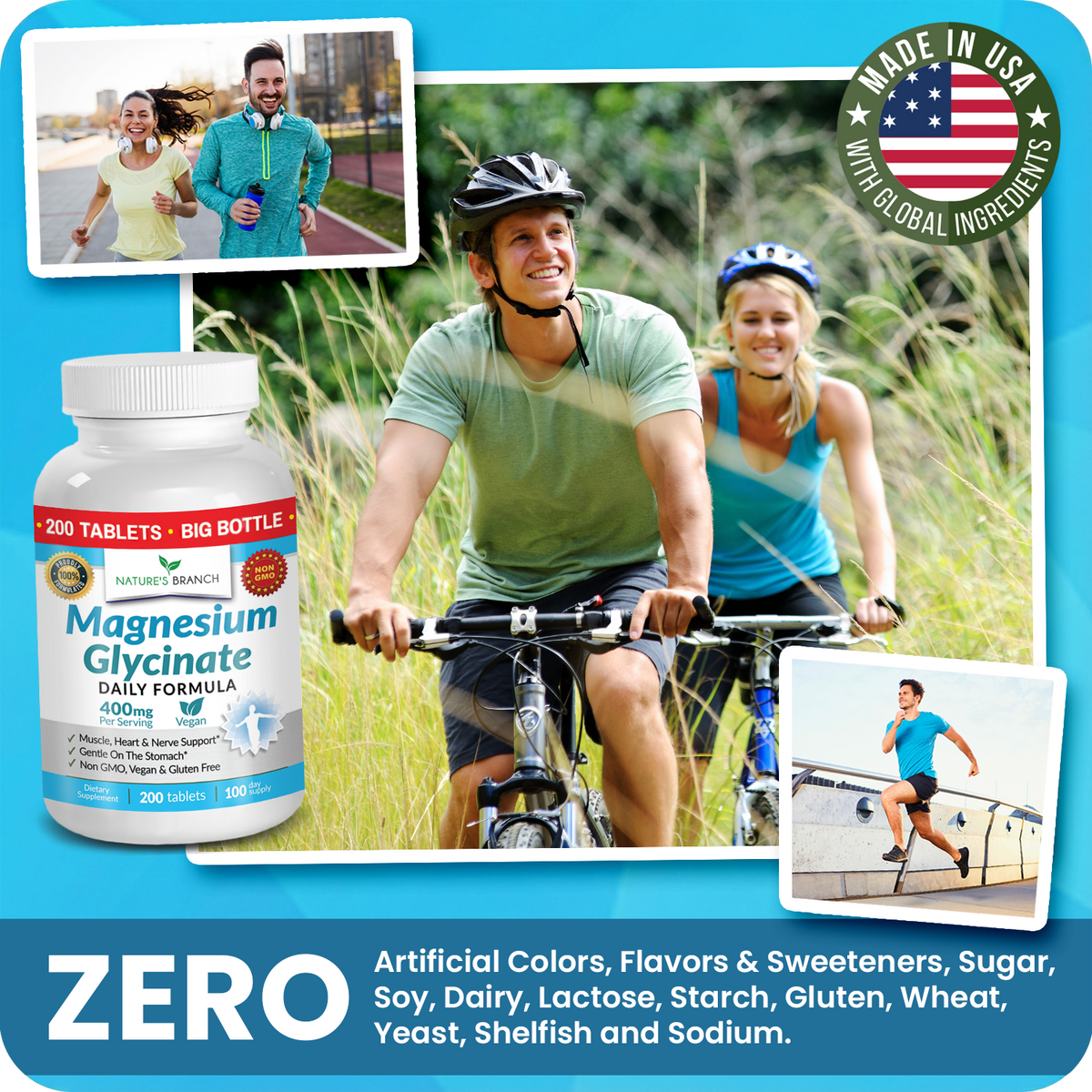 Bottle of Magnesium Glycinate supplement with people cycling and running on a blue background