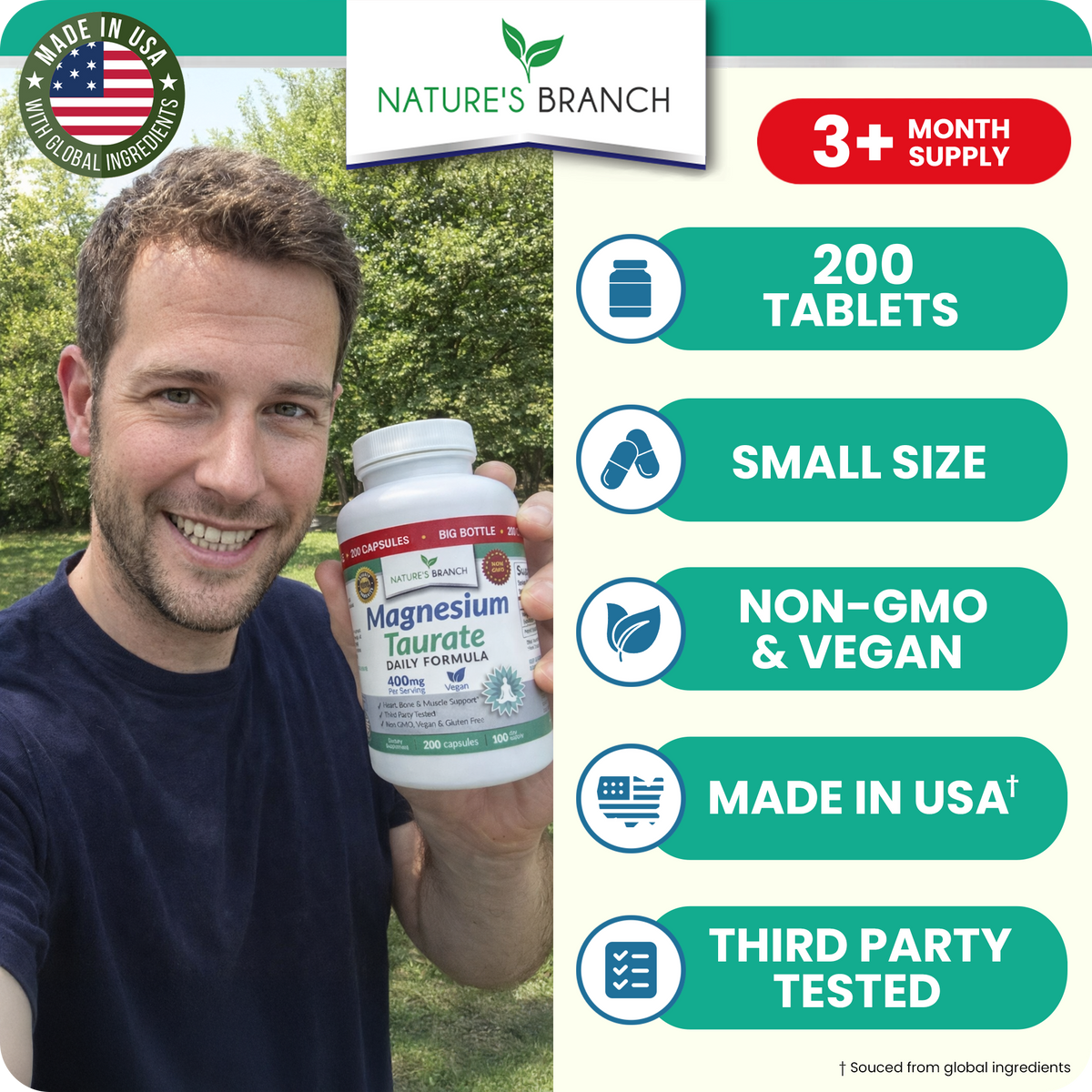 Man holding a supplement bottle with Nature's Branch branding and product details.