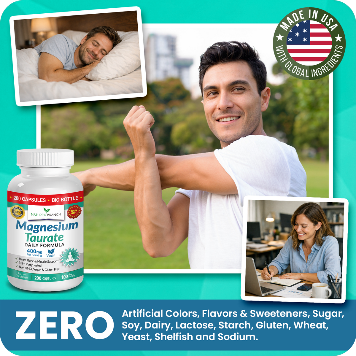 Man flexing muscles, woman working on laptop, and bottle of magnesium supplement with text about ingredients and origin.