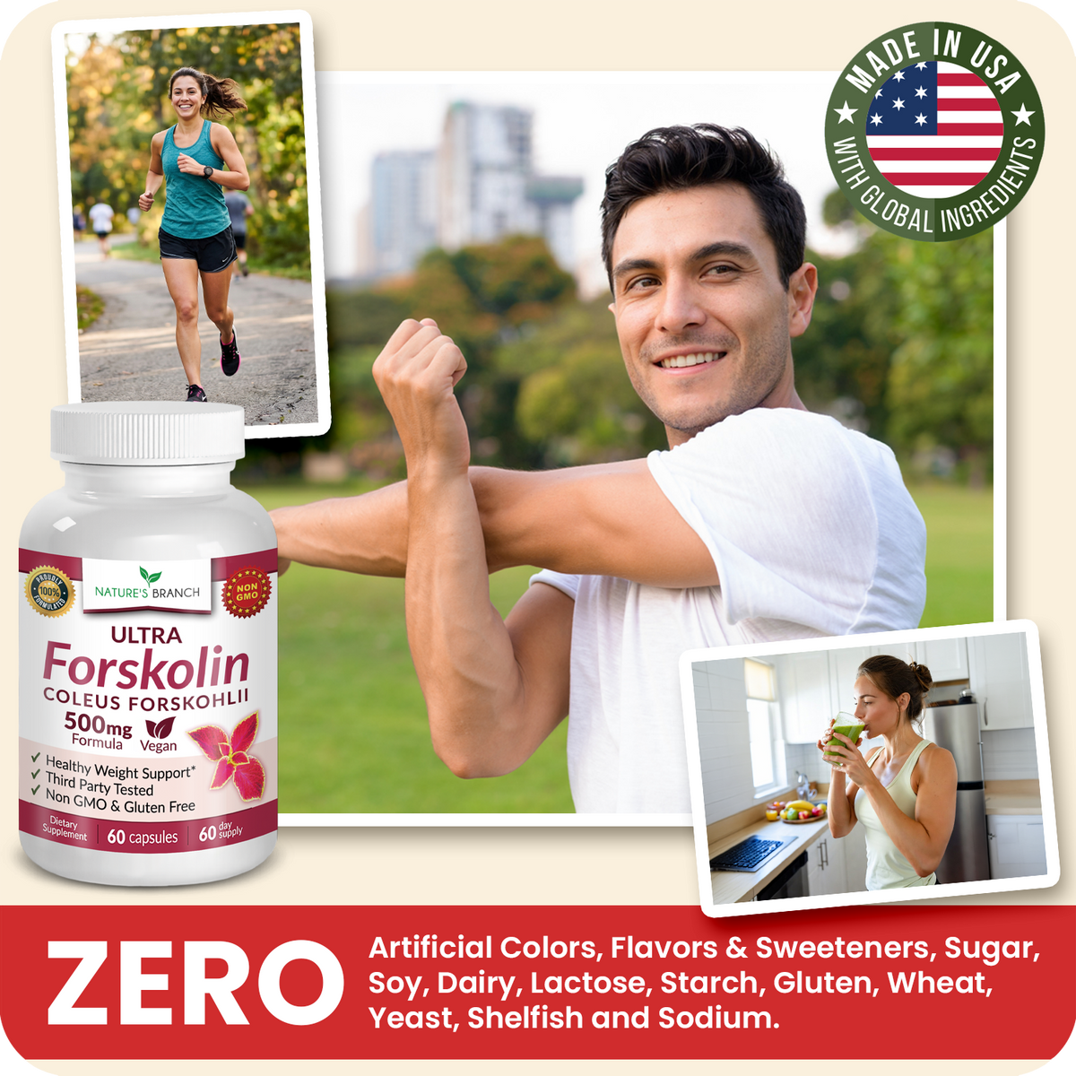 Man stretching, woman drinking a smoothie and woman running with Forskolin bottle
