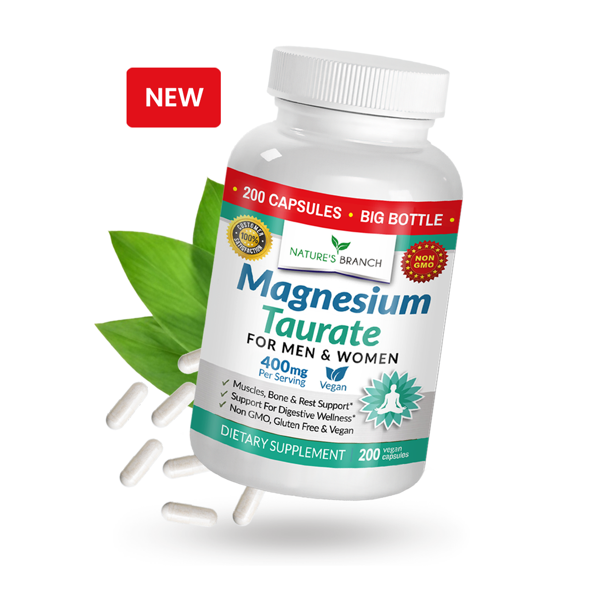 Nature's Branch Magnesium Taurate supplements with white capsules and green leaves