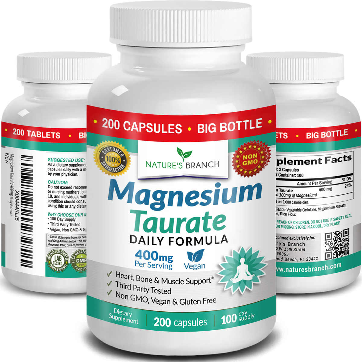 Supplement bottle labeled 'Magnesium Taurate' by Nature's Branch on a white background