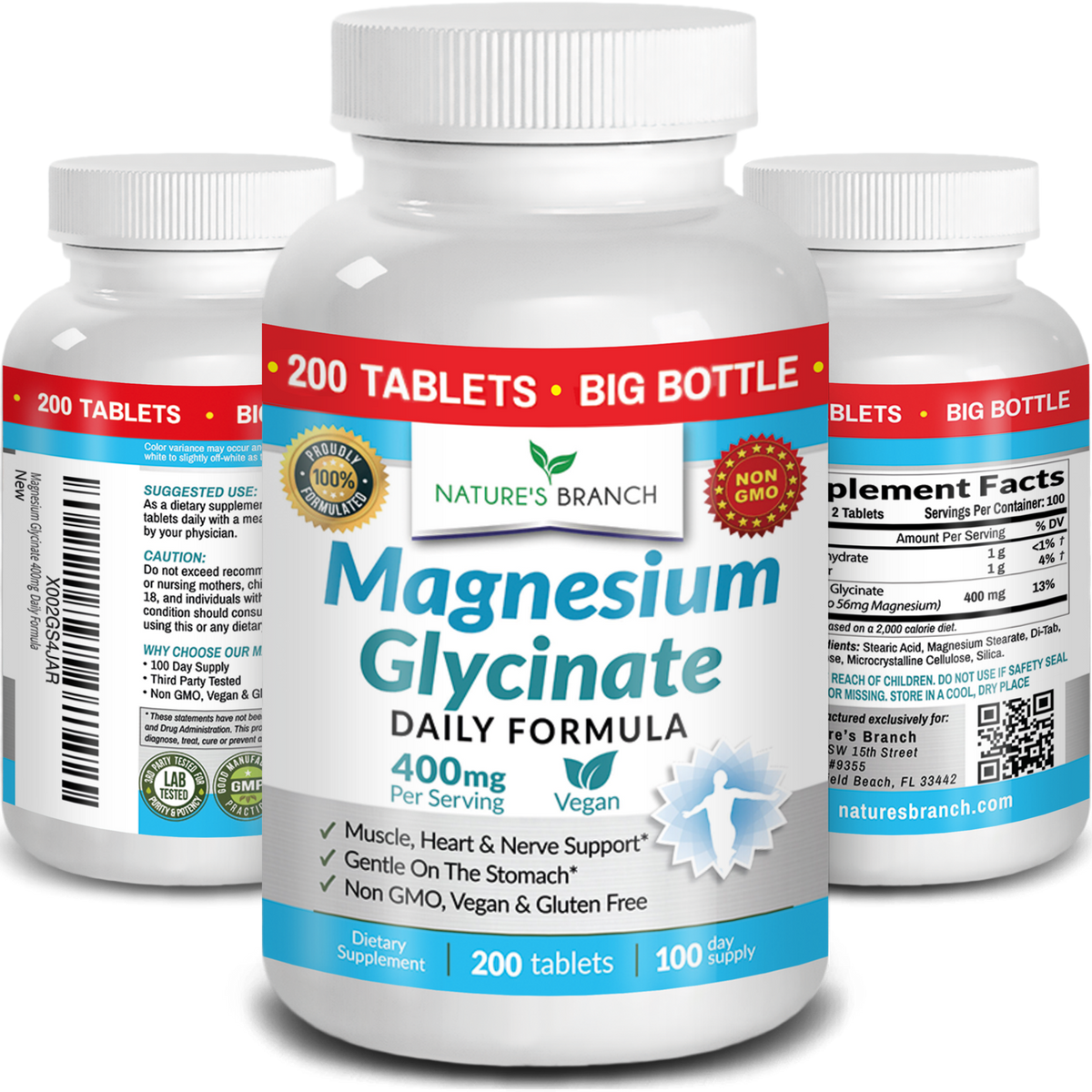 Bottle of Nature's Branch Magnesium Glycinate supplement with label details on a white background