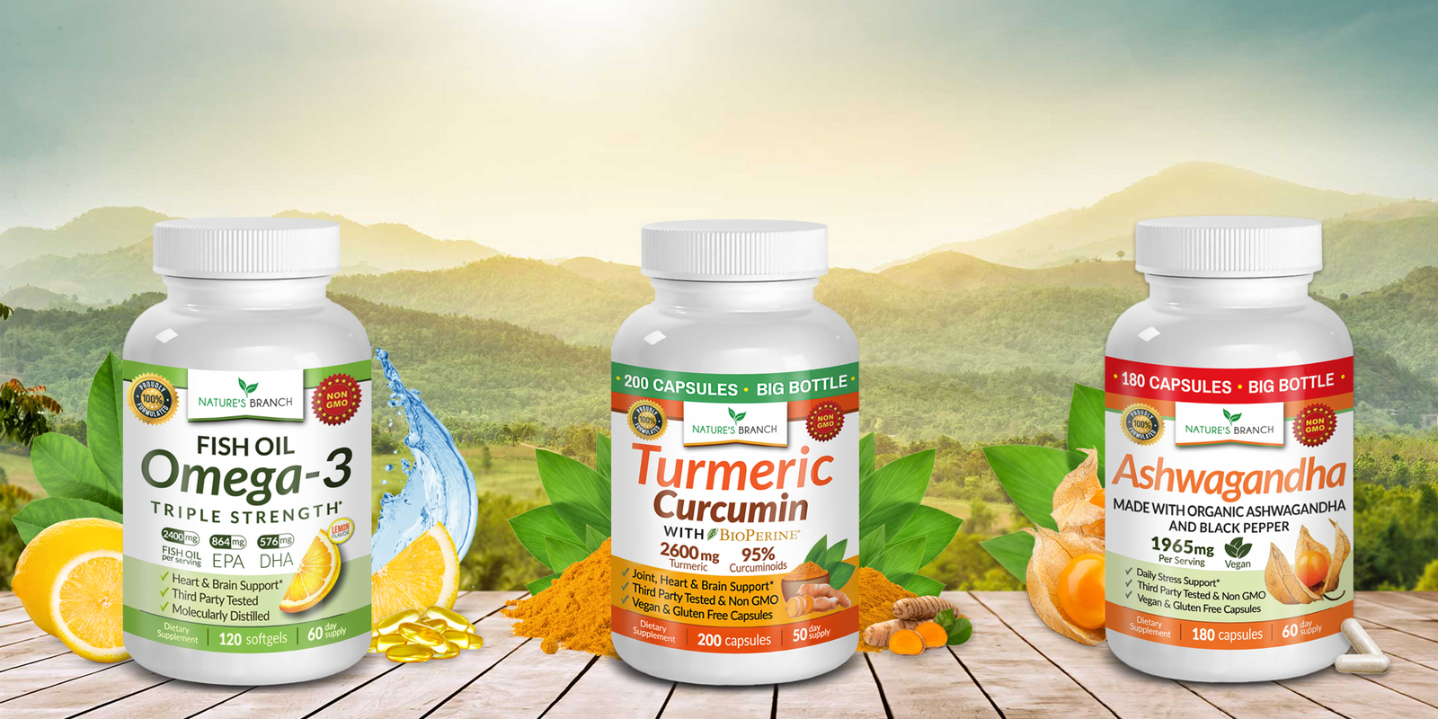 Three supplement bottles labeled 'Omega-3', 'Turmeric Curcumin', and 'Ashwagandha' on a wooden surface with a scenic background.