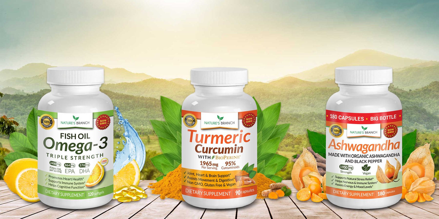 Nature's Branch Omega 3 Fish Oil Turmeric Curcumin and Ashwagandha supplement bottles on a table