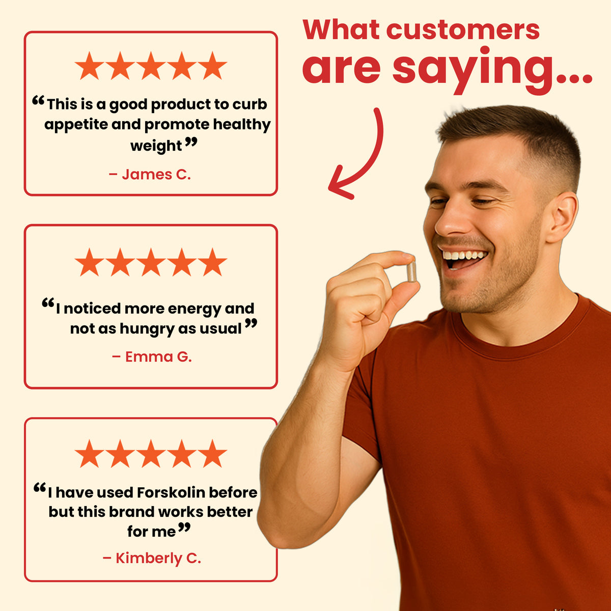 Man in red t shirt smiling holding a forskolin capsule