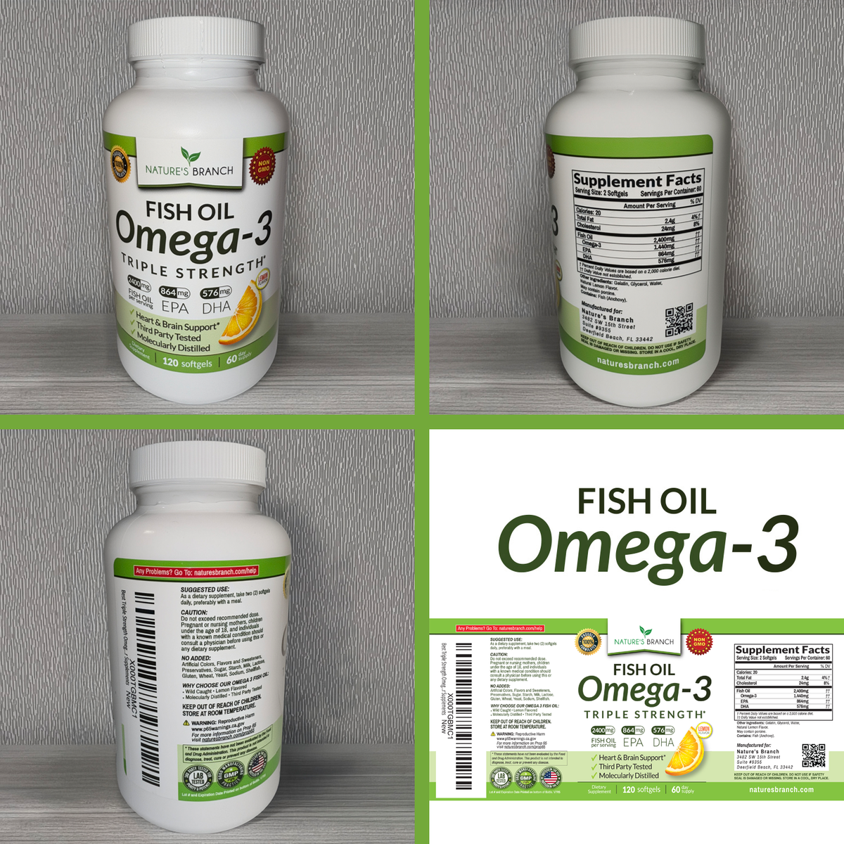 Natures branch omega 3 fish oil three bottles showing the label