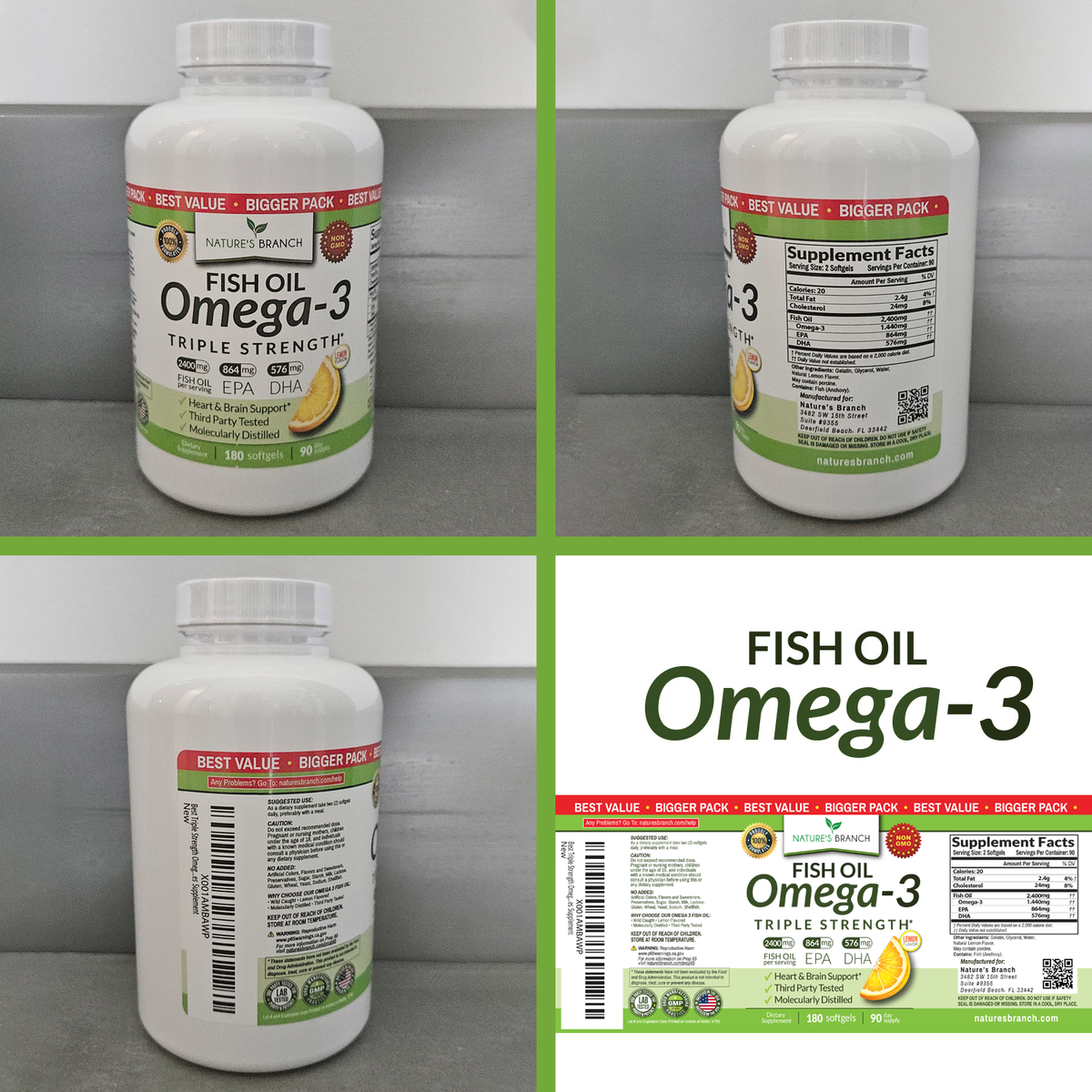 Natures Branch Omega 3 Fish Oil three bottles showing the label