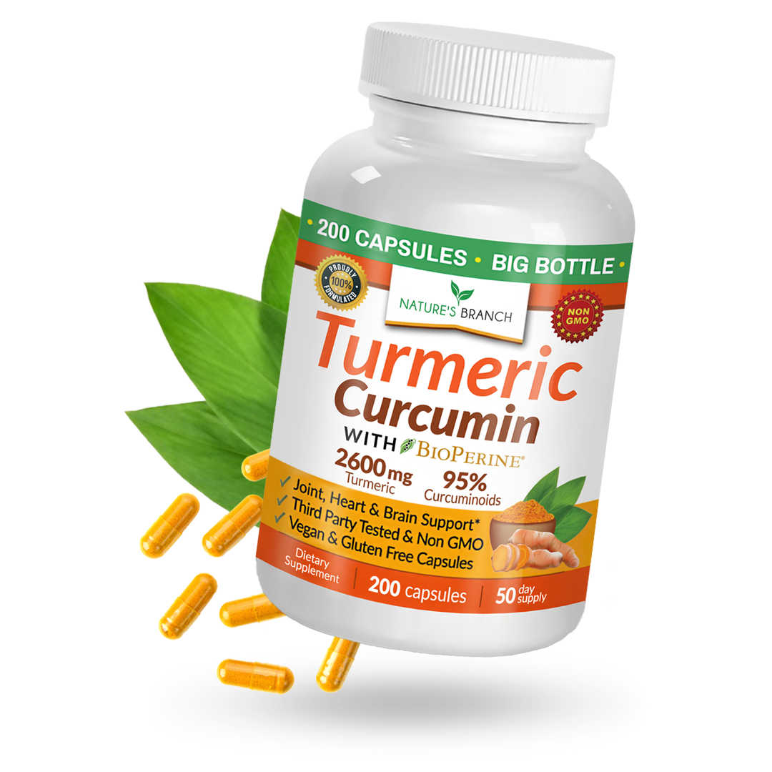 Nature's Branch Turmeric Curcumin supplement bottle with capsules on a white background