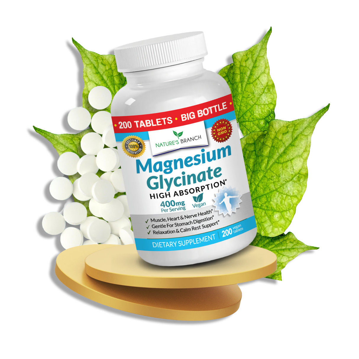Nature's Branch Magnesium Glycinate supplements with white tablets on a platform with green leaves