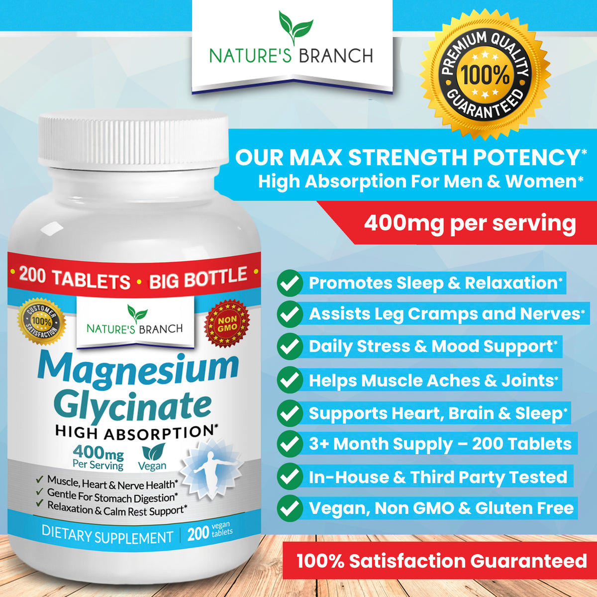 Nature&#39;s Branch Magnesium Glycinate 400mg supplement bottle showing the benefits of sleep leg cramps joints and relaxation