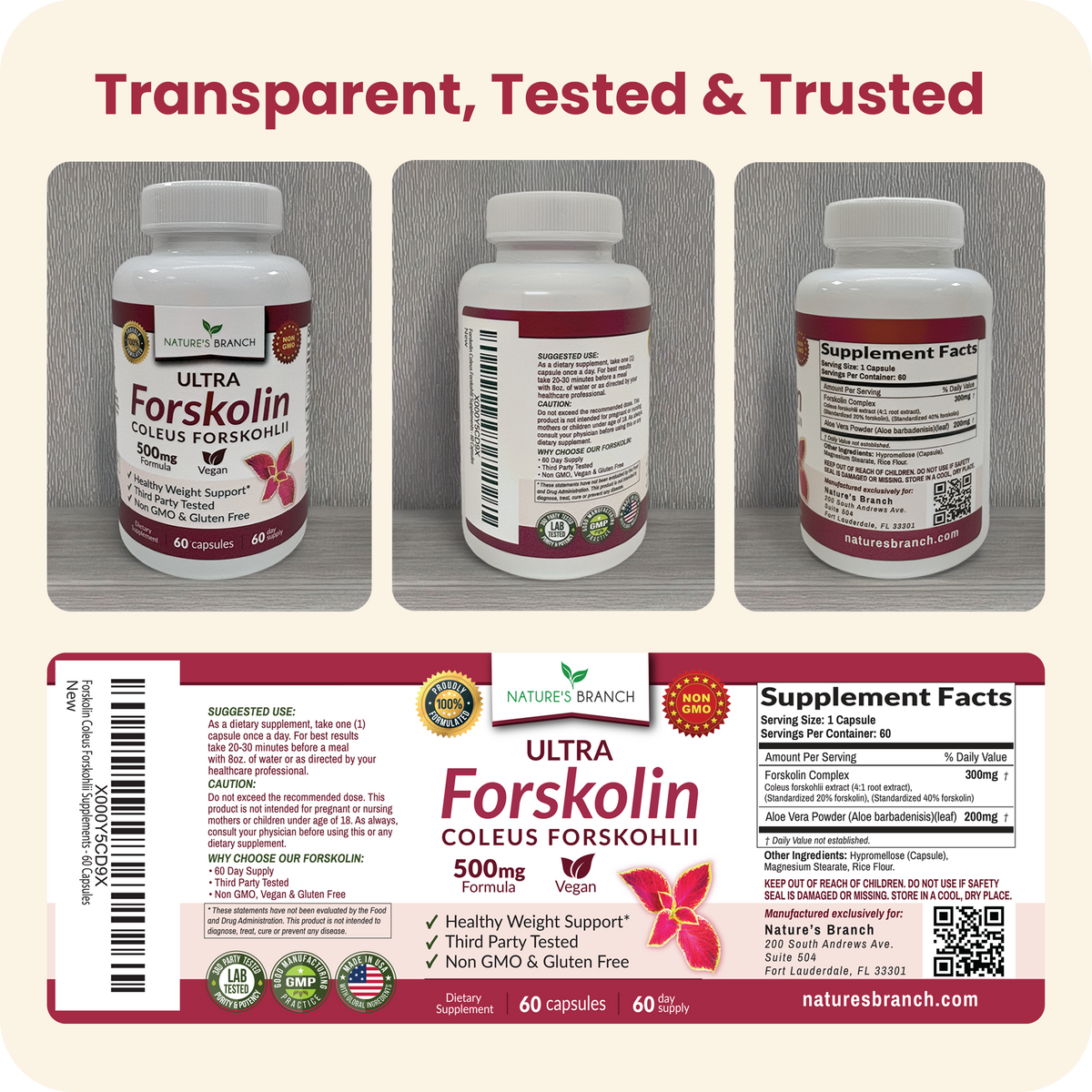 Three photos of Nature's Branch Forskolin bottles and the label