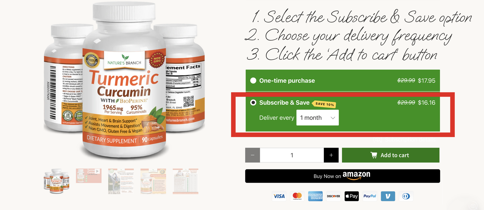 A screenshot showing how Nature's Branch customers can apply for the Subscribe and Save program by selecting a supplement on their website