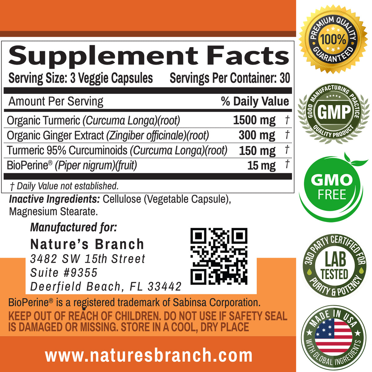 Nature&#39;s Branch Turmeric and Ginger with BioPerine Supplement Facts and ingredients panel