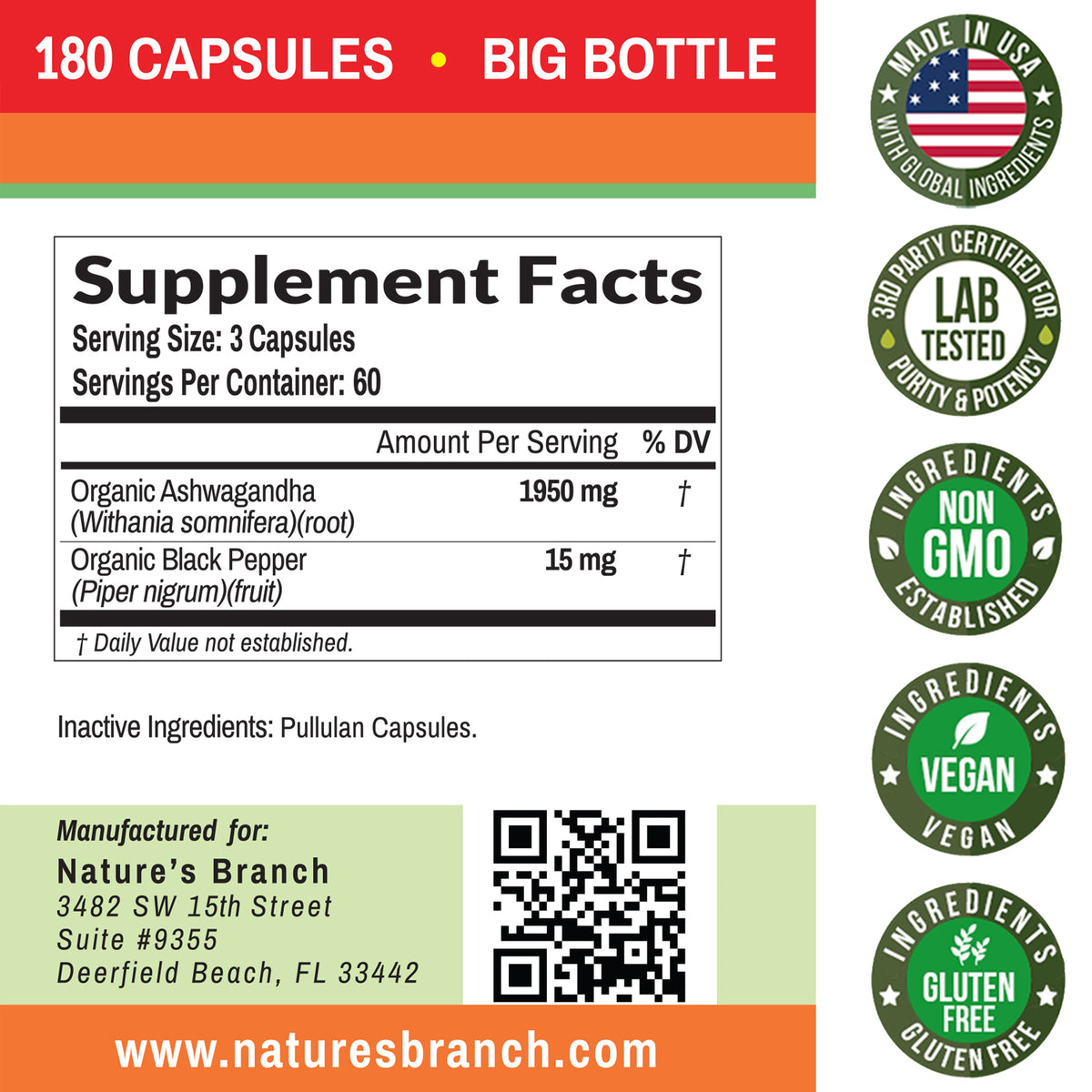 Nature&#39;s Branch Organic Ashwagandha and Black Pepper Supplement Facts and ingredients panel