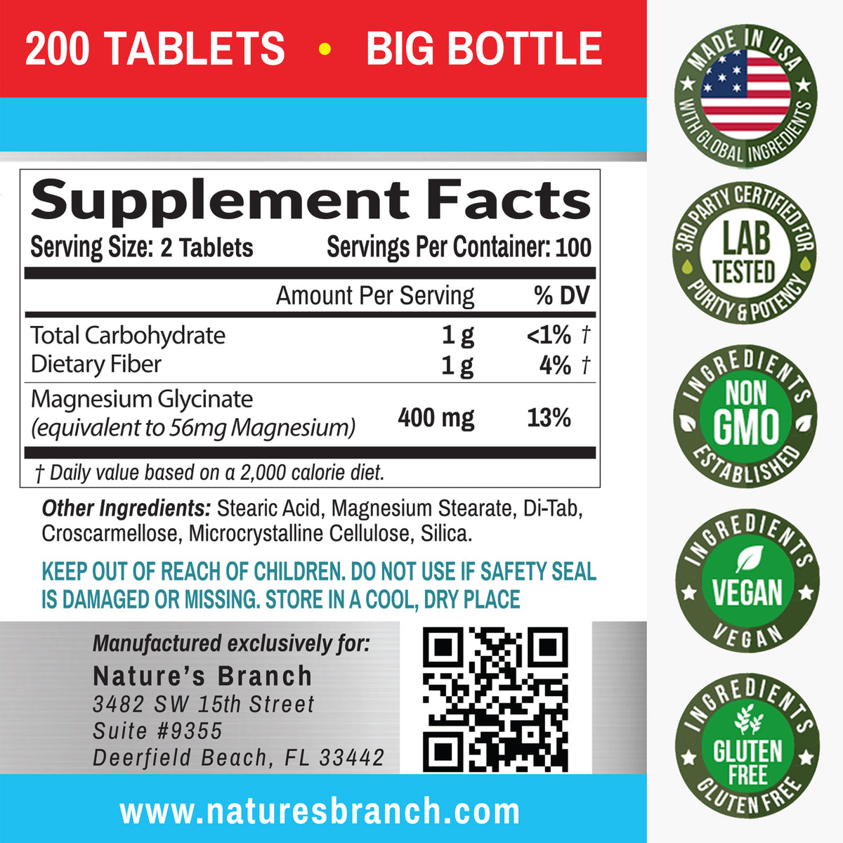 Nature&#39;s Branch Magnesium Glycinate Supplement Facts and ingredients panel