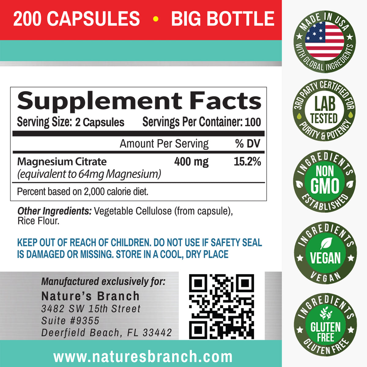Nature&#39;s Branch Magnesium Citrate 400mg Supplement Facts and ingredients panel