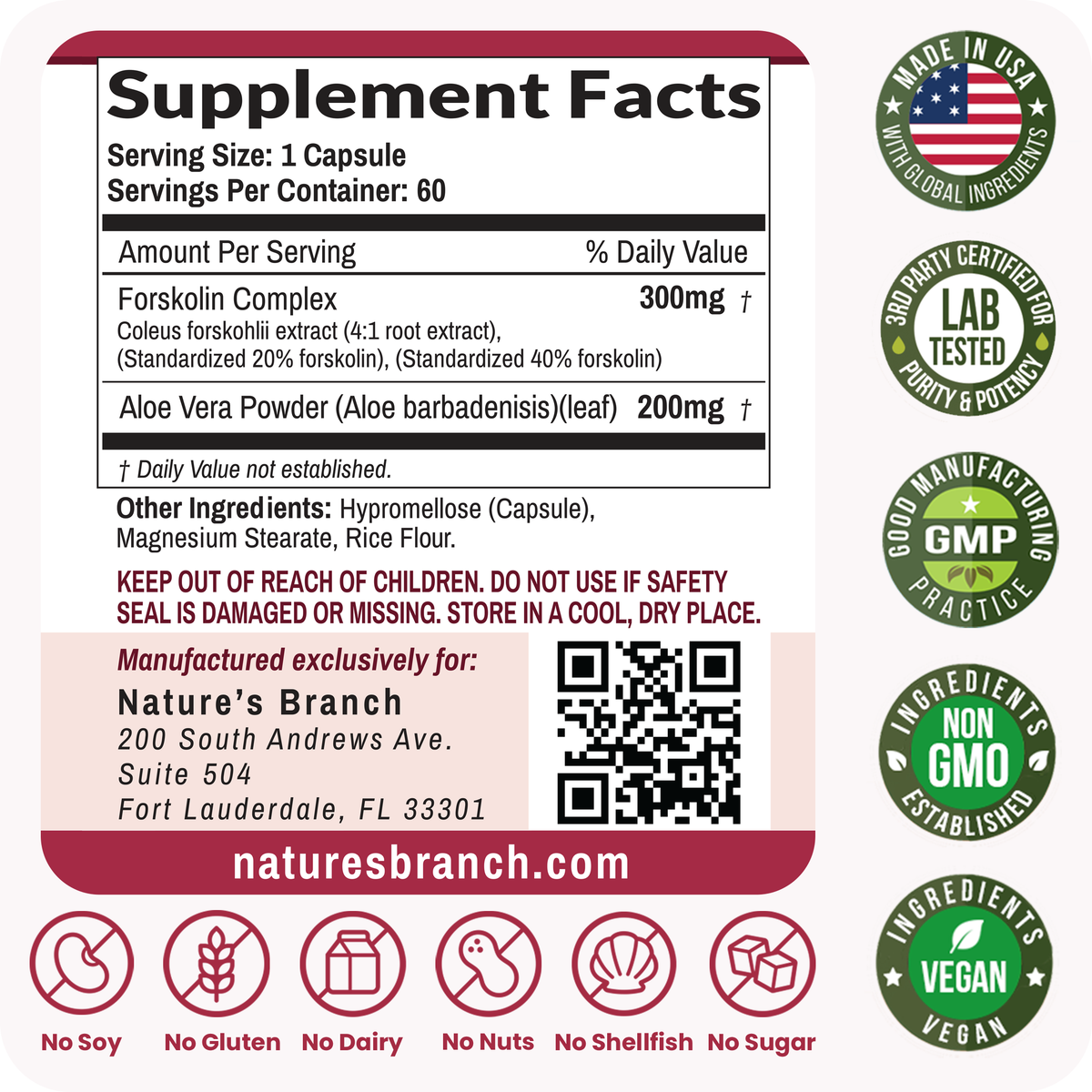 Supplement facts panel for Nature's Branch Forskolin with badges