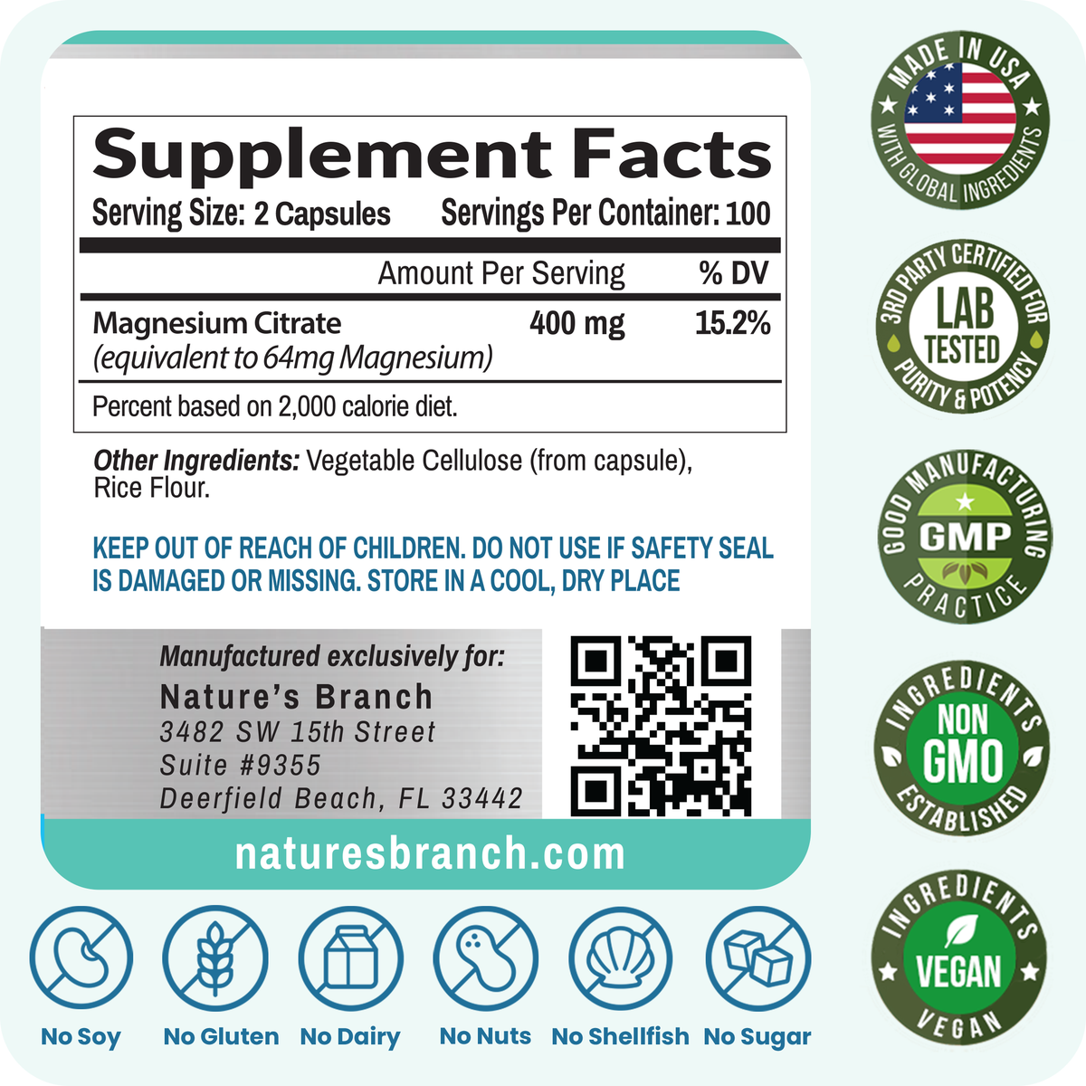 Supplement facts panel for magnesium citrate