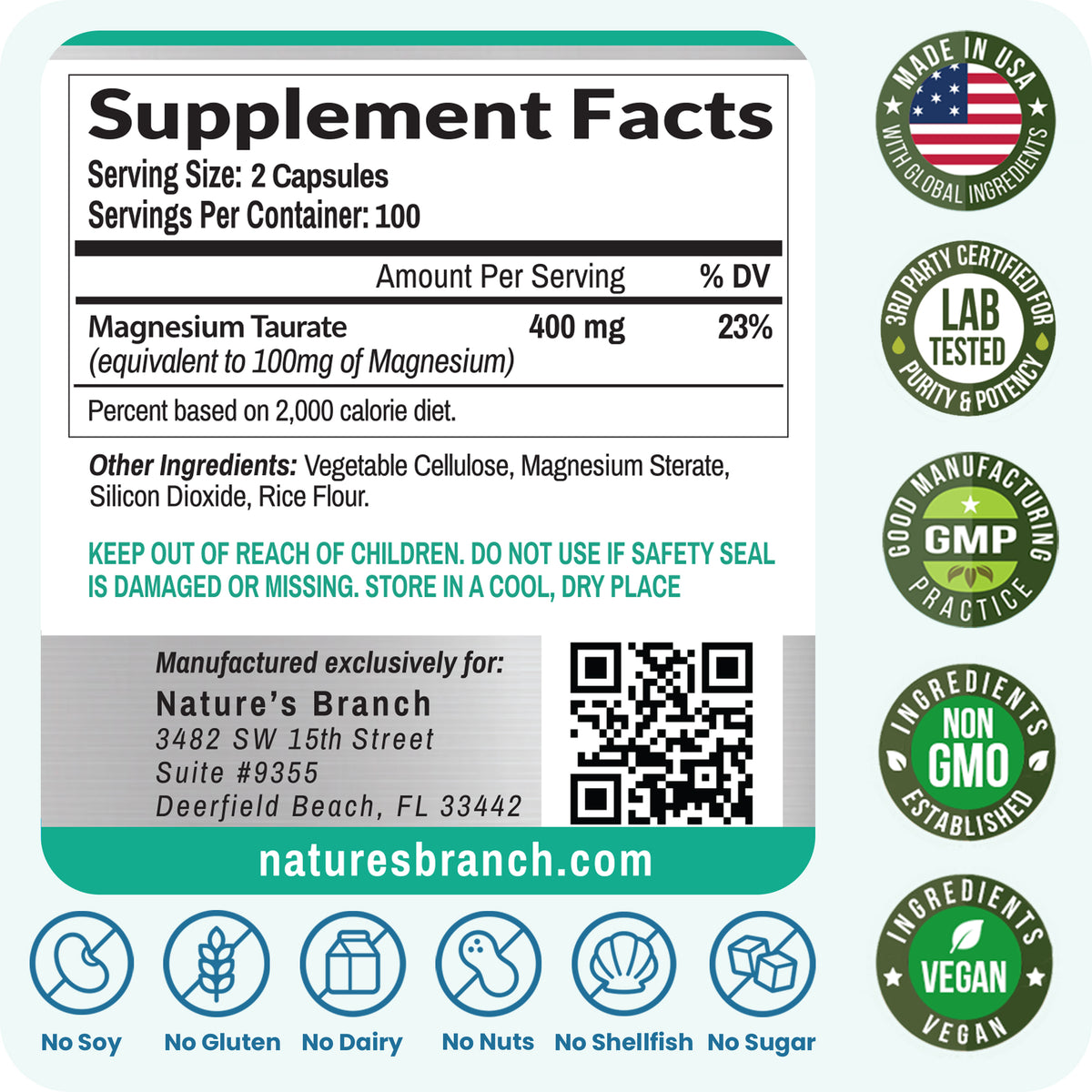 Supplement label with details on ingredients, manufacturing information, and certification logos.