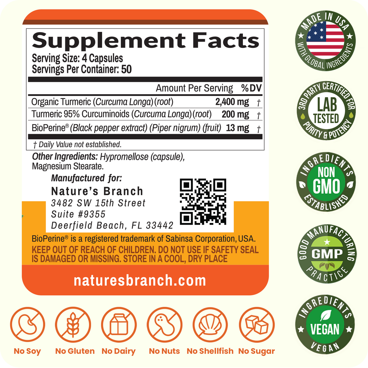 Supplement label with various certifications and branding information on a white background
