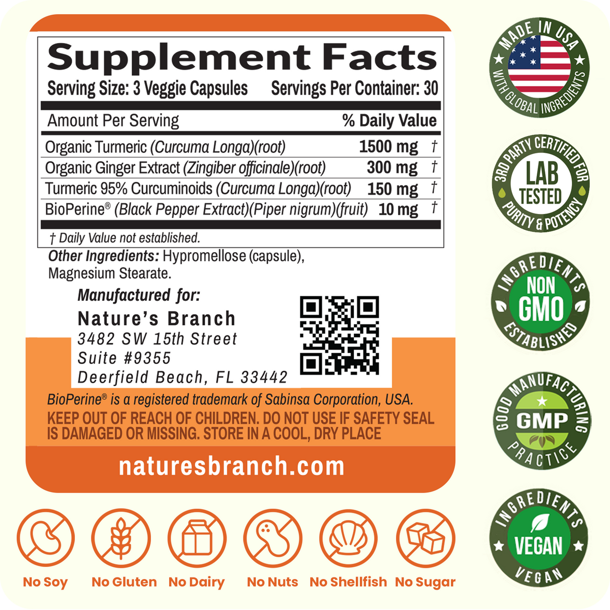 Supplement label with various certifications and branding information on an orange background