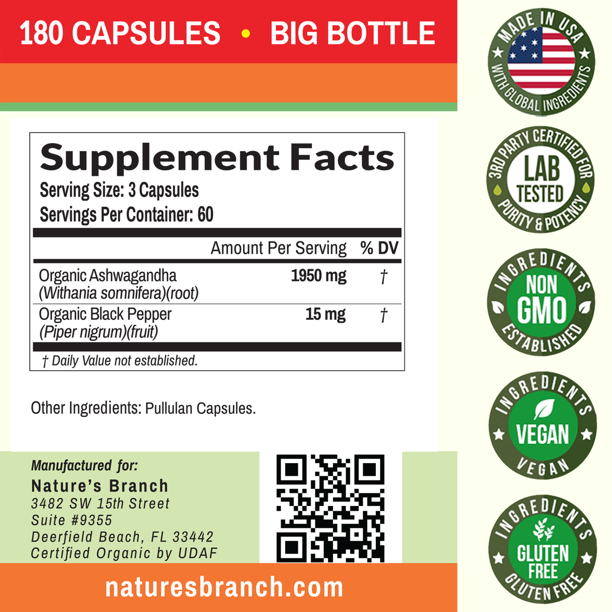 Supplement label with facts and branding elements for Nature&#39;s Branch products.