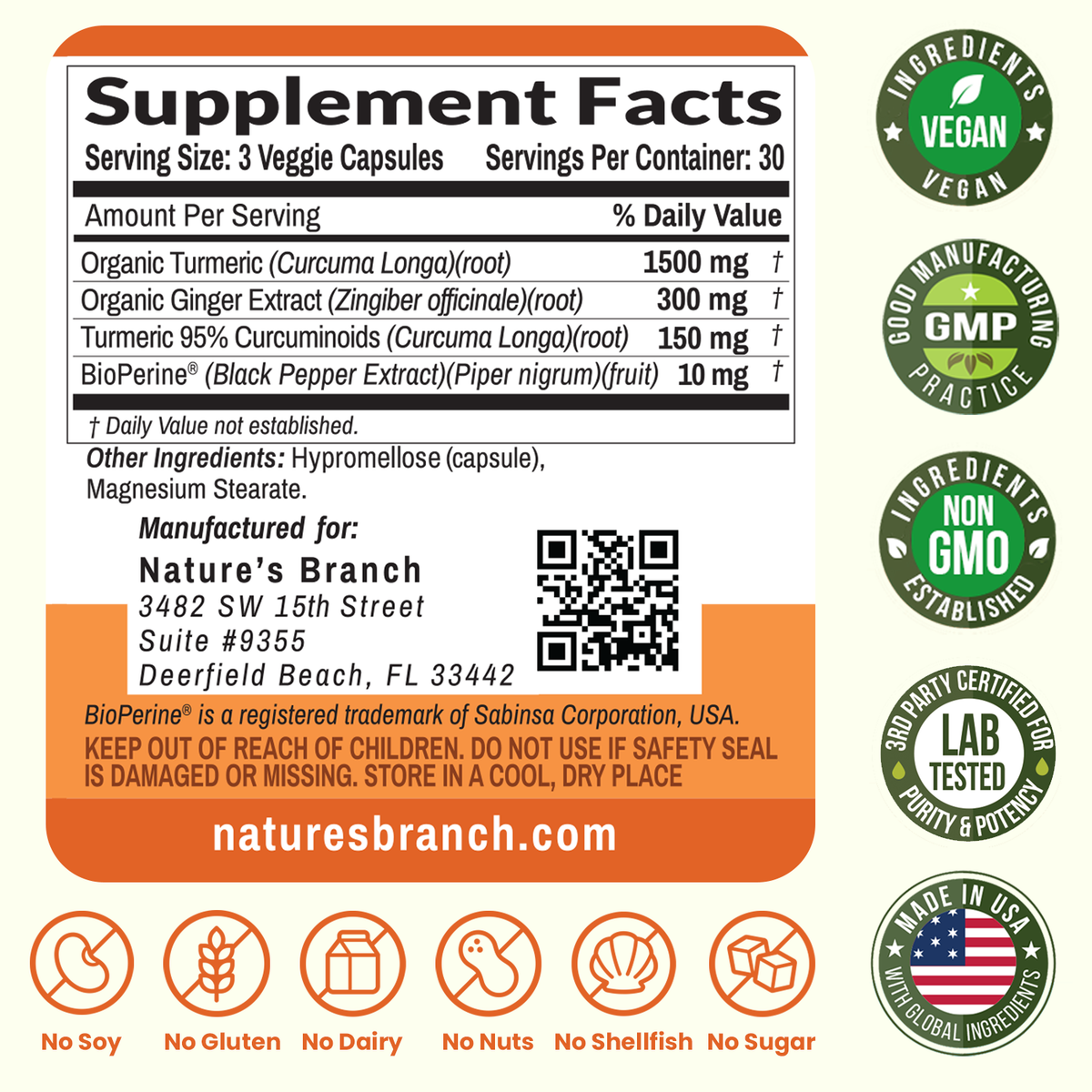 Supplement label with various certification logos and product details on a white background