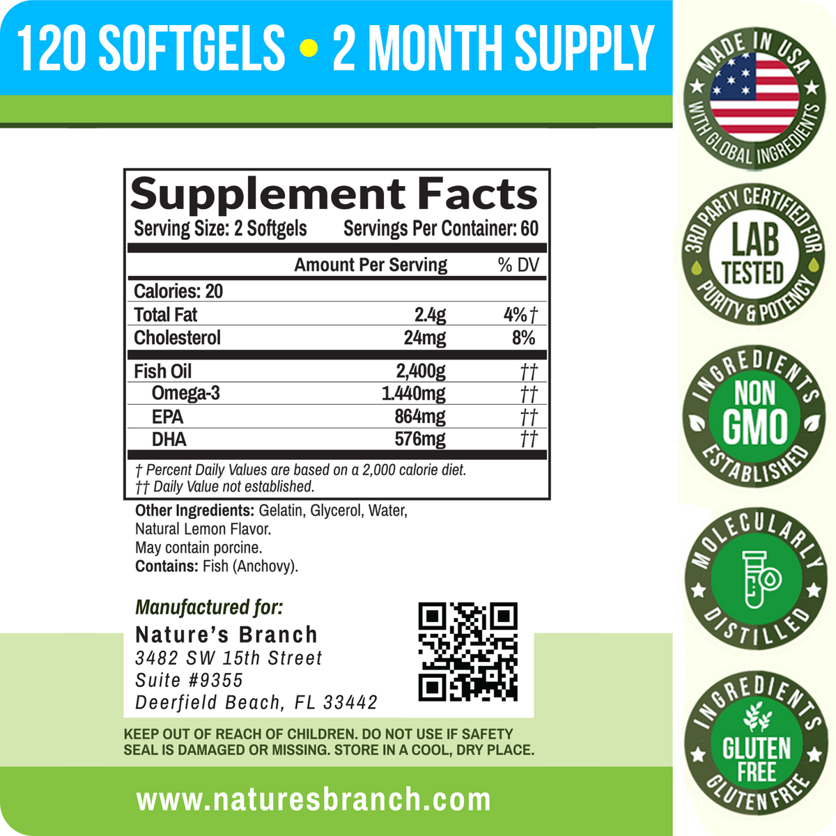 Supplement label for Nature&#39;s Branch product with supplement facts and certification logos.