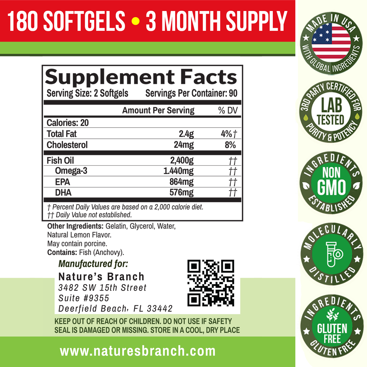 Supplement Facts panle for Nature&#39;s Branch Omega 3 Fish Oil