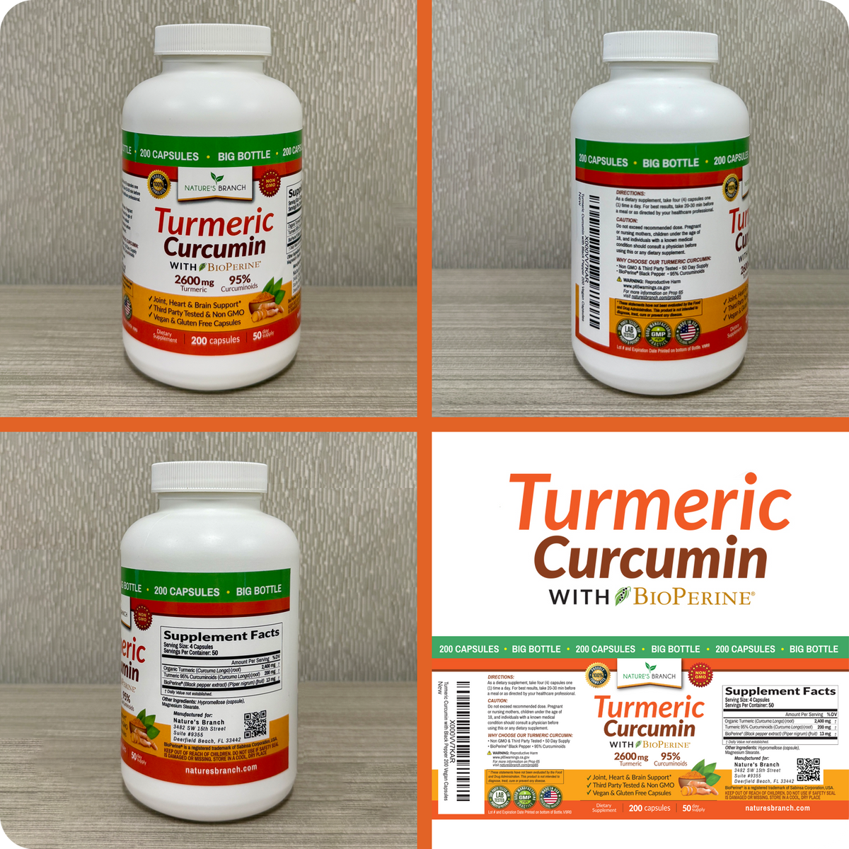 Natures Branch Turmeric Curcumin three bottles showing the label