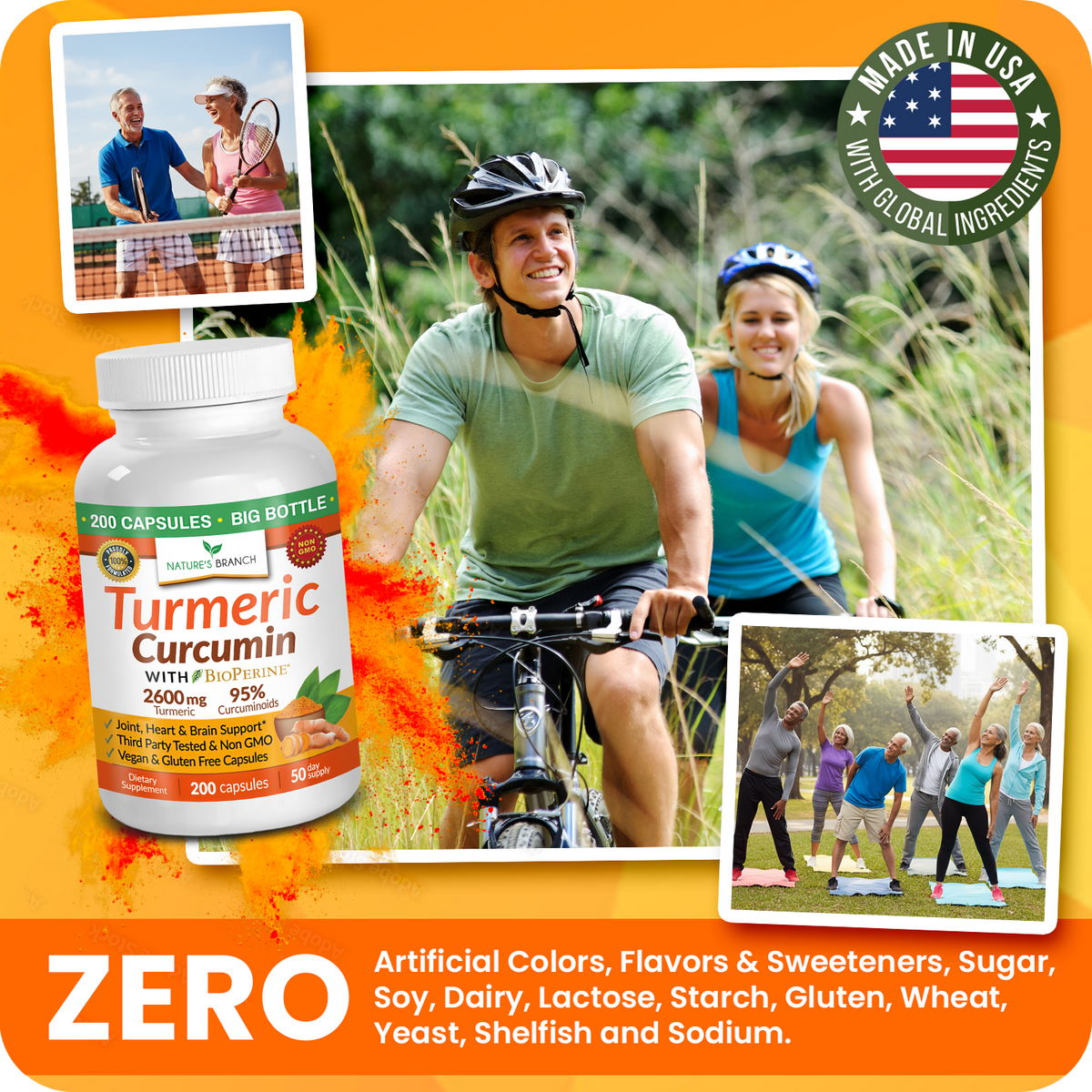 Turmeric Curcumin supplement bottle with people exercising outdoors and a made in USA badge.