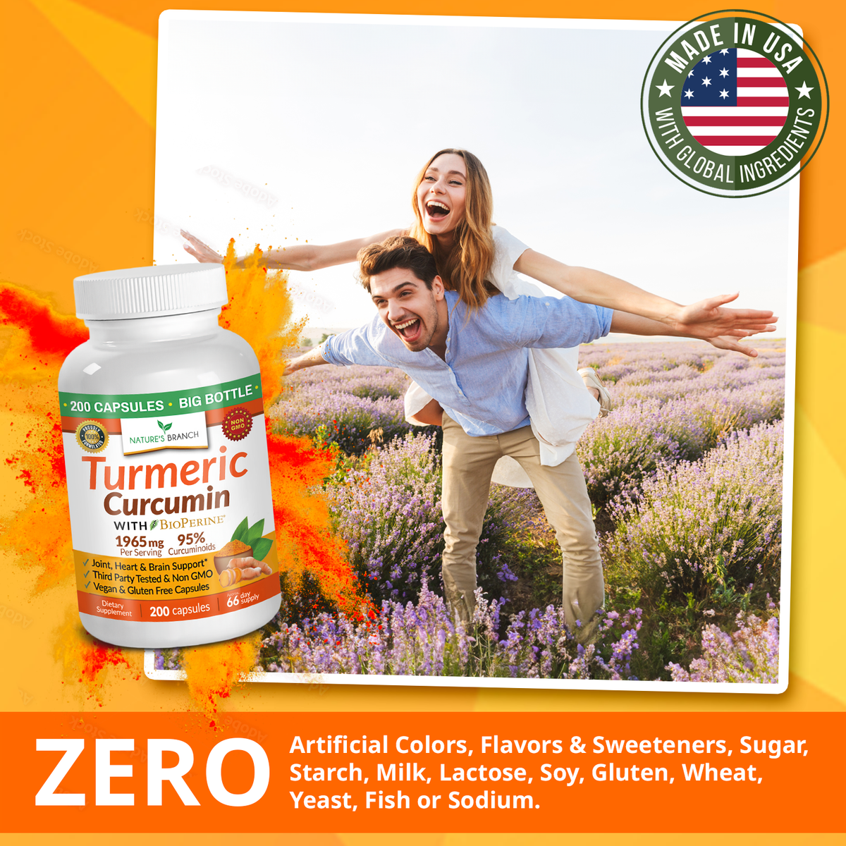 Man giving woman a piggy back and smiling with Nature&#39;s Branch Turmeric