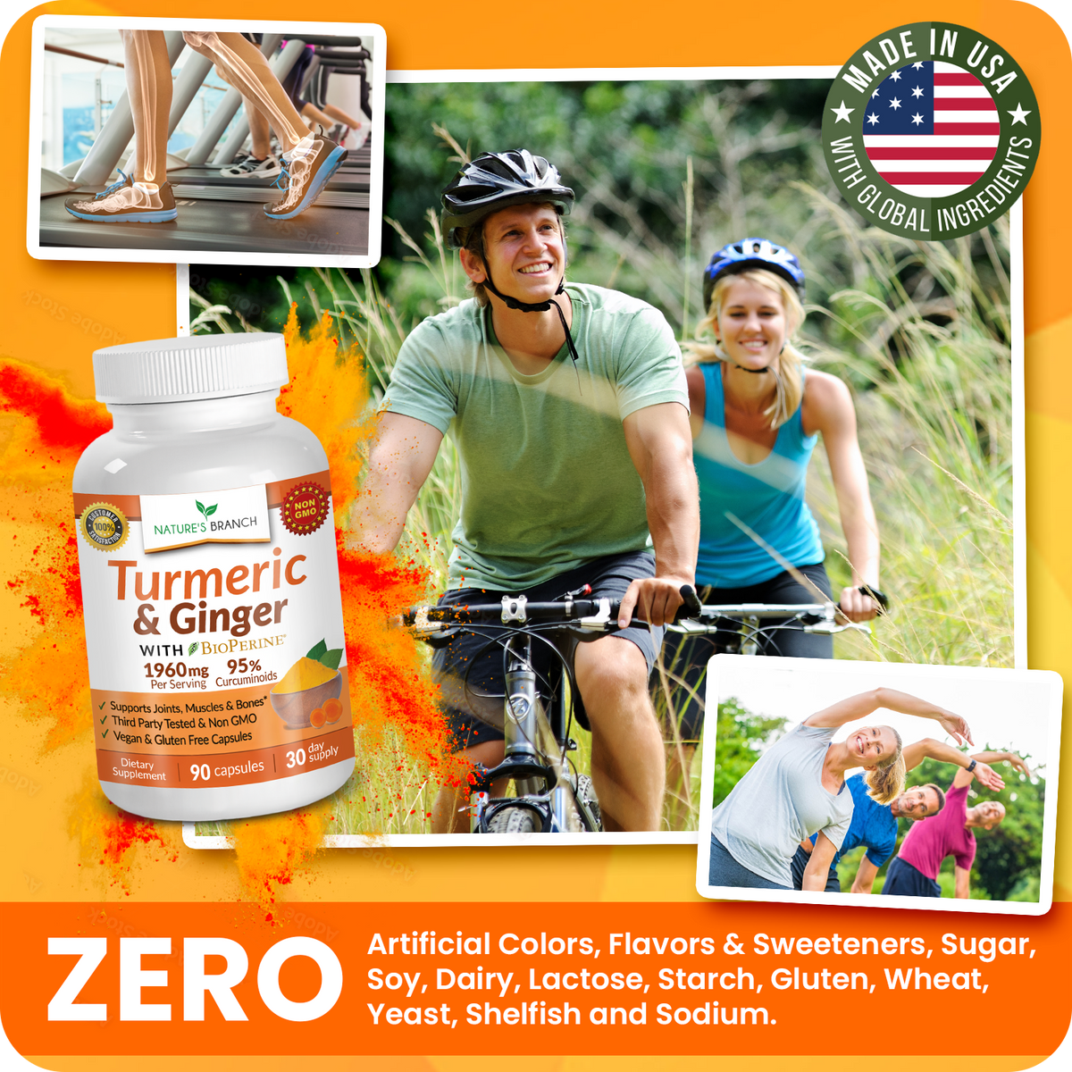 Turmeric & Ginger supplement bottle with a couple cycling and family activities on an orange background.
