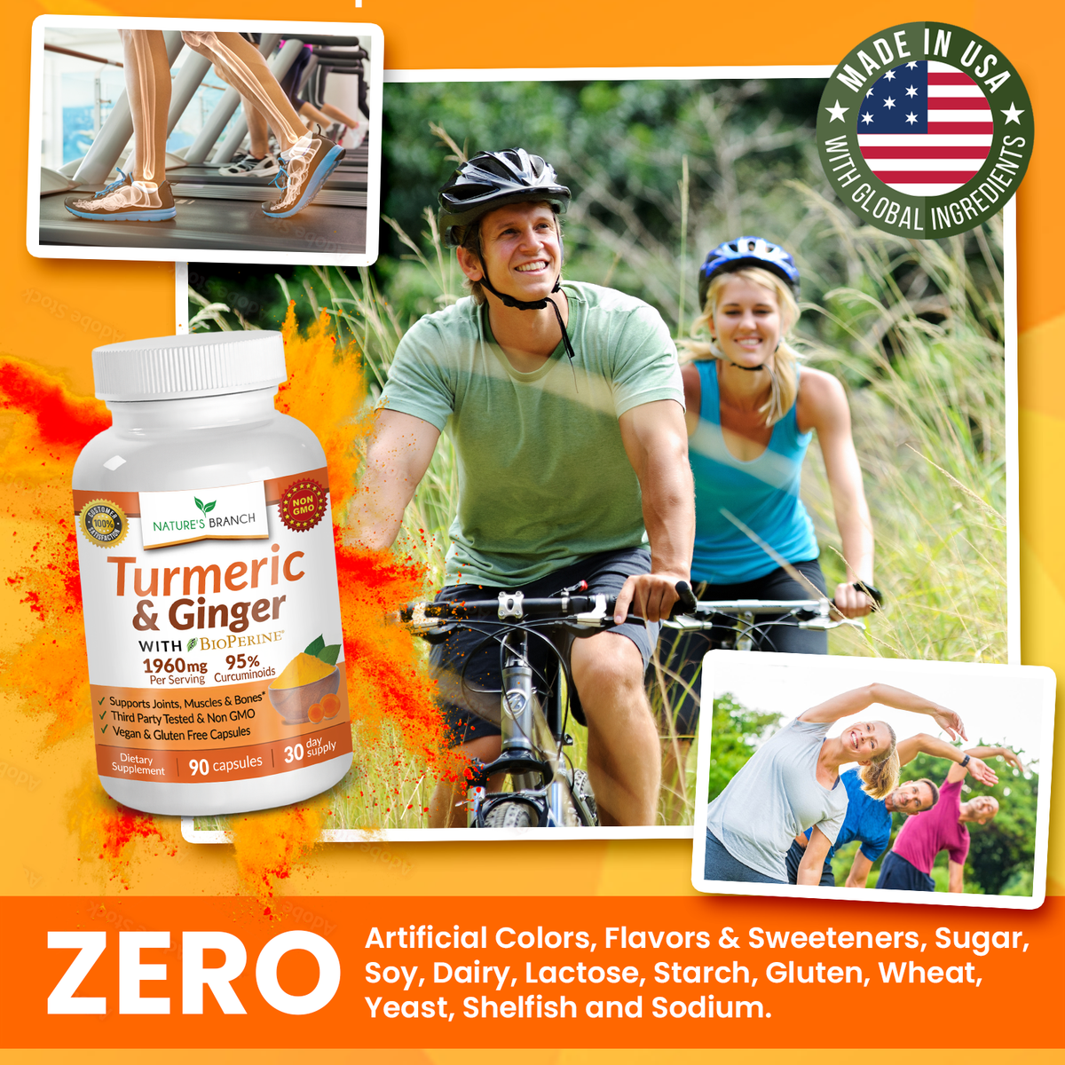 Turmeric & Ginger supplement bottle with people cycling and exercising on an orange background